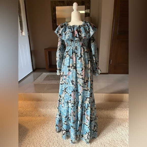 Vintage 1970’s Candi Jones Floral Ruffle Long Sleeve Maxi Dress Blue Large