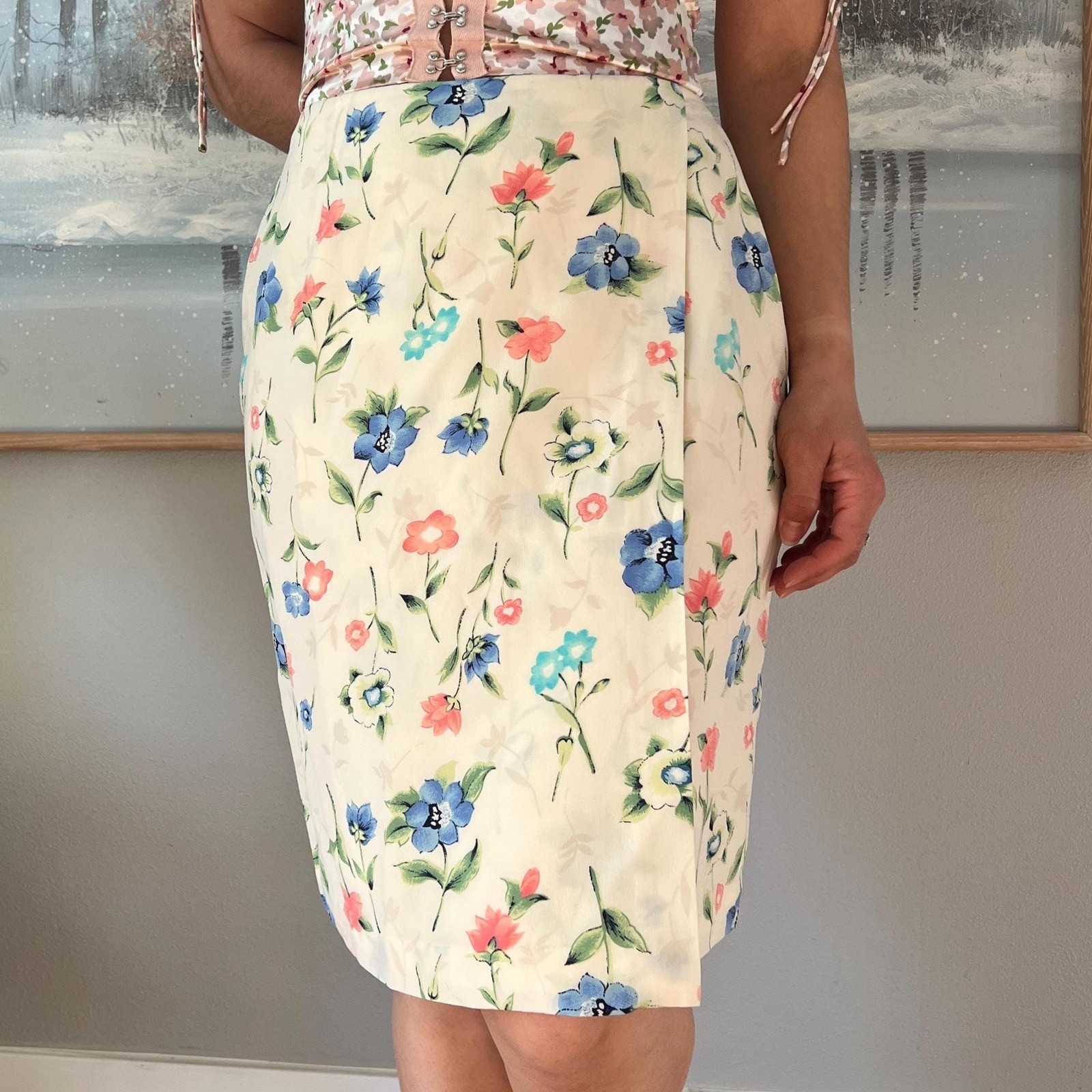 Vintage Silk Floral Skirt Cream Midi Parisian Signature Cottagecore