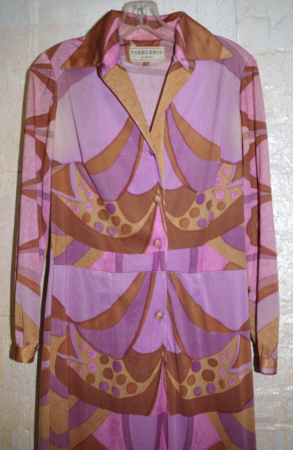 C2 Tseklenis Athens Vintage Mod Abstract Long Dress Dragon Gold Buckle Nylon