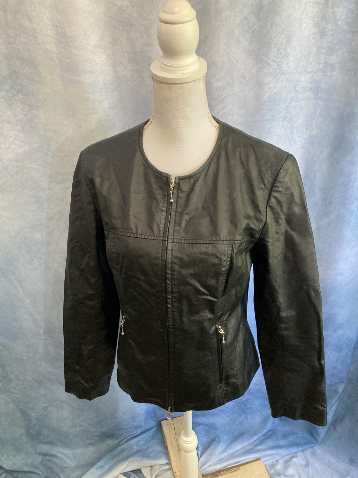 Vtg 90s Y2K Goth Grunge Black Faux Leather Jacket Collarless Round Neck Women XS