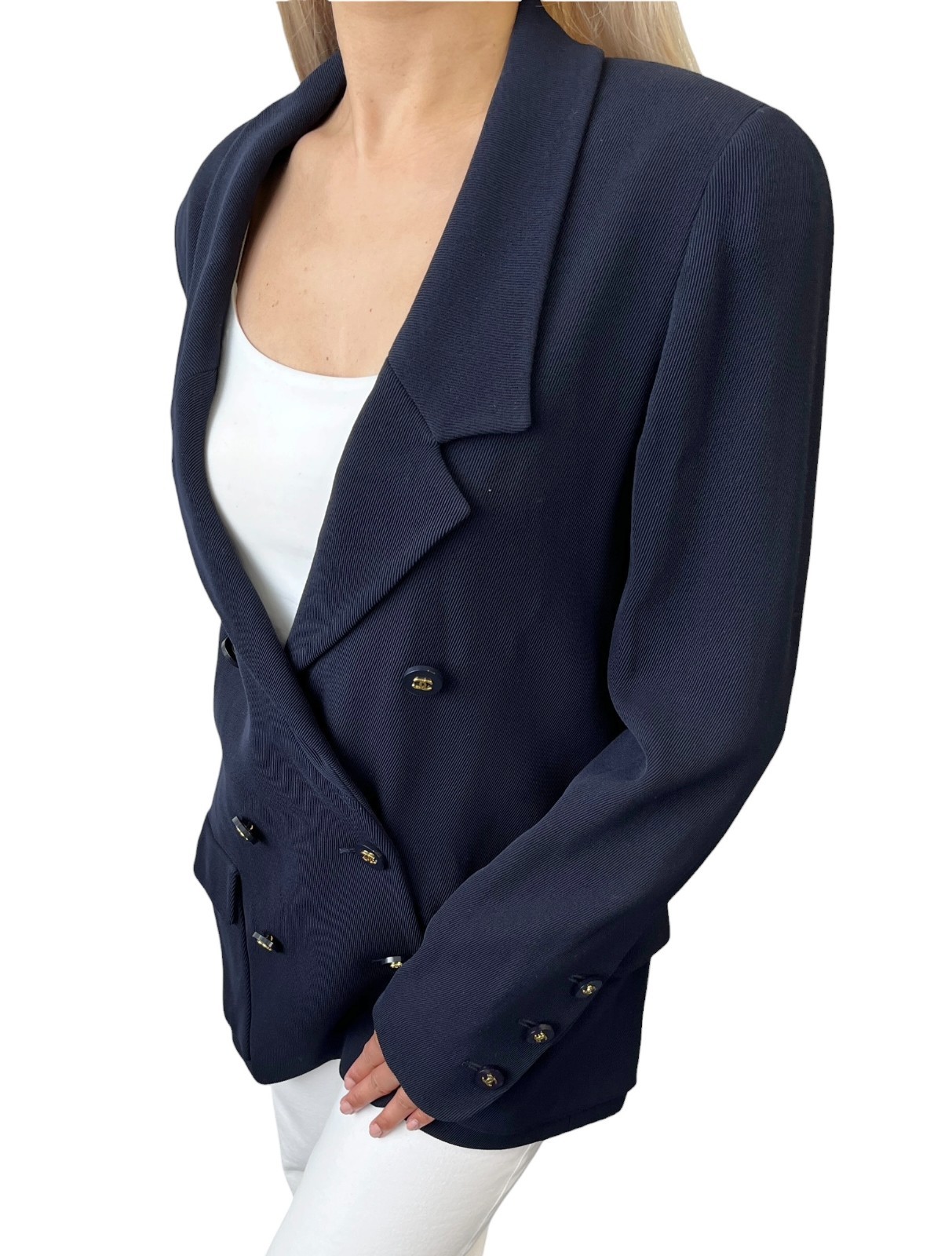 CHANEL Vintage 94A CC Logo Button Jacket #38 Blue Gold Wool Pockets 901975
