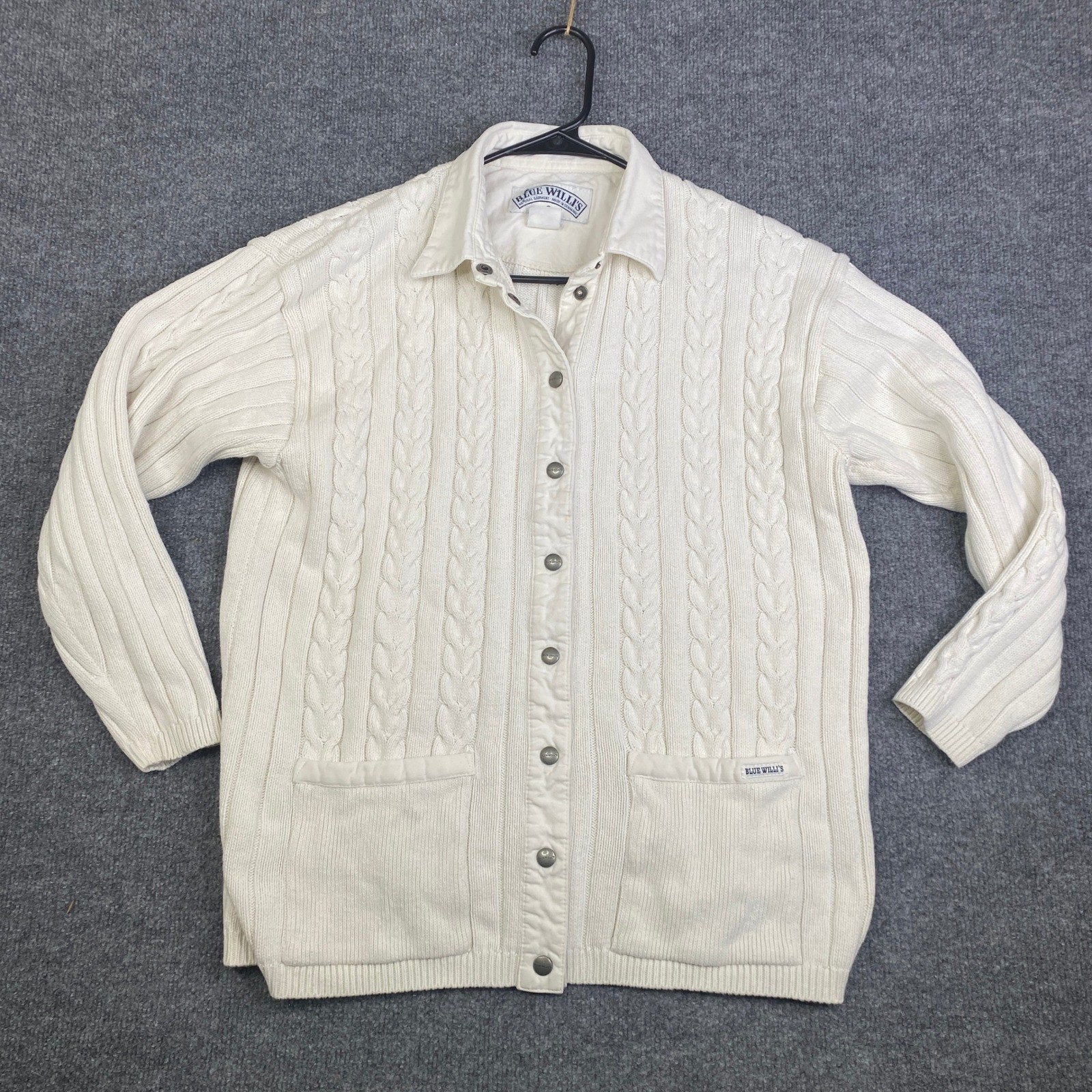 VTG Blue Willi’s Denmark Small Cream Cable Knit Cotton Button Cardigan Sweater