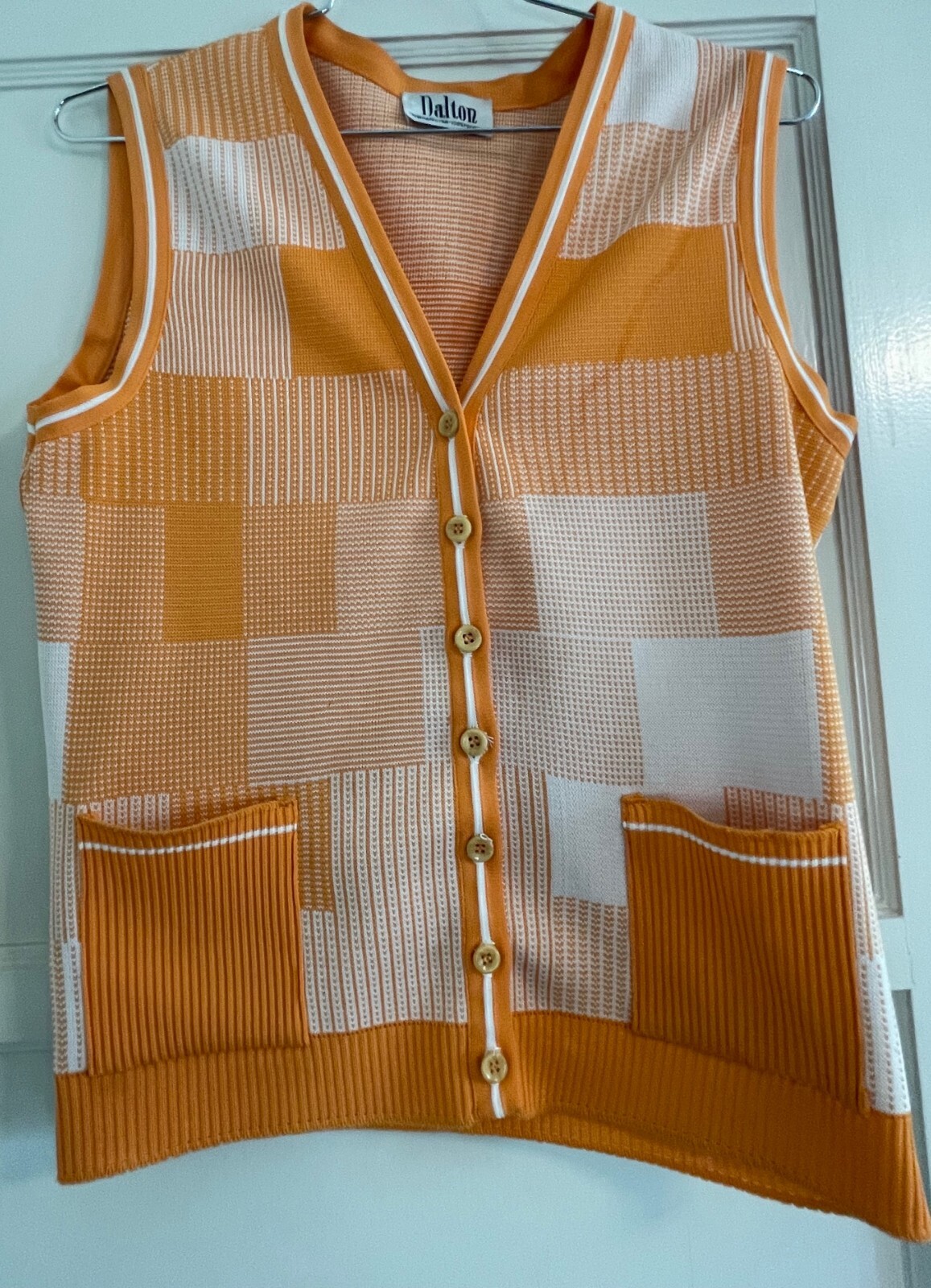 VINTAGE DALTON, UNISEX POLYESTER ORANGE PATCHWORK PLAID VEST, 41″ CHEST