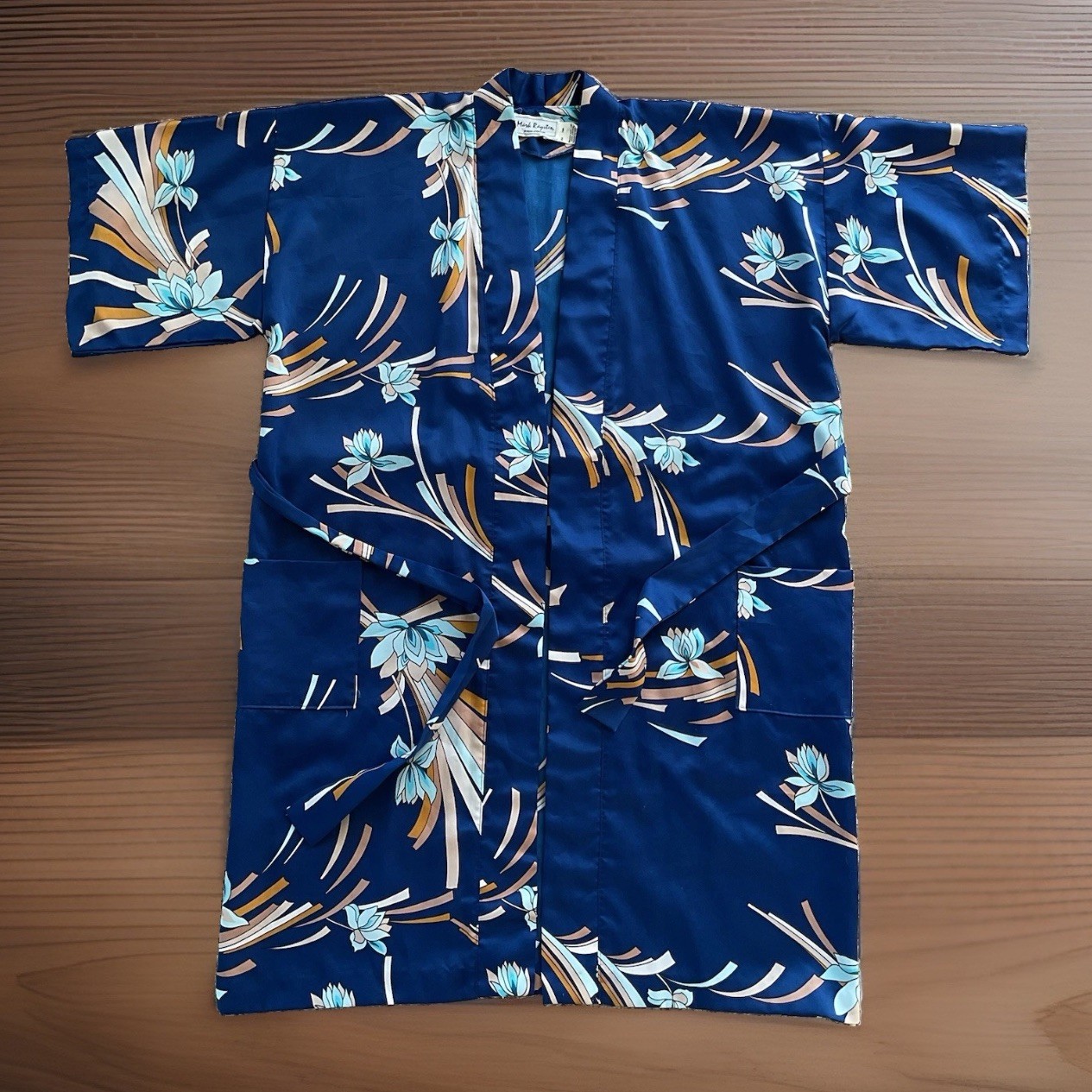 VTG MARK RAYSTEN O/S Unisex Navy Blue Floral Hawaiian Kimono Robe w/ Belt
