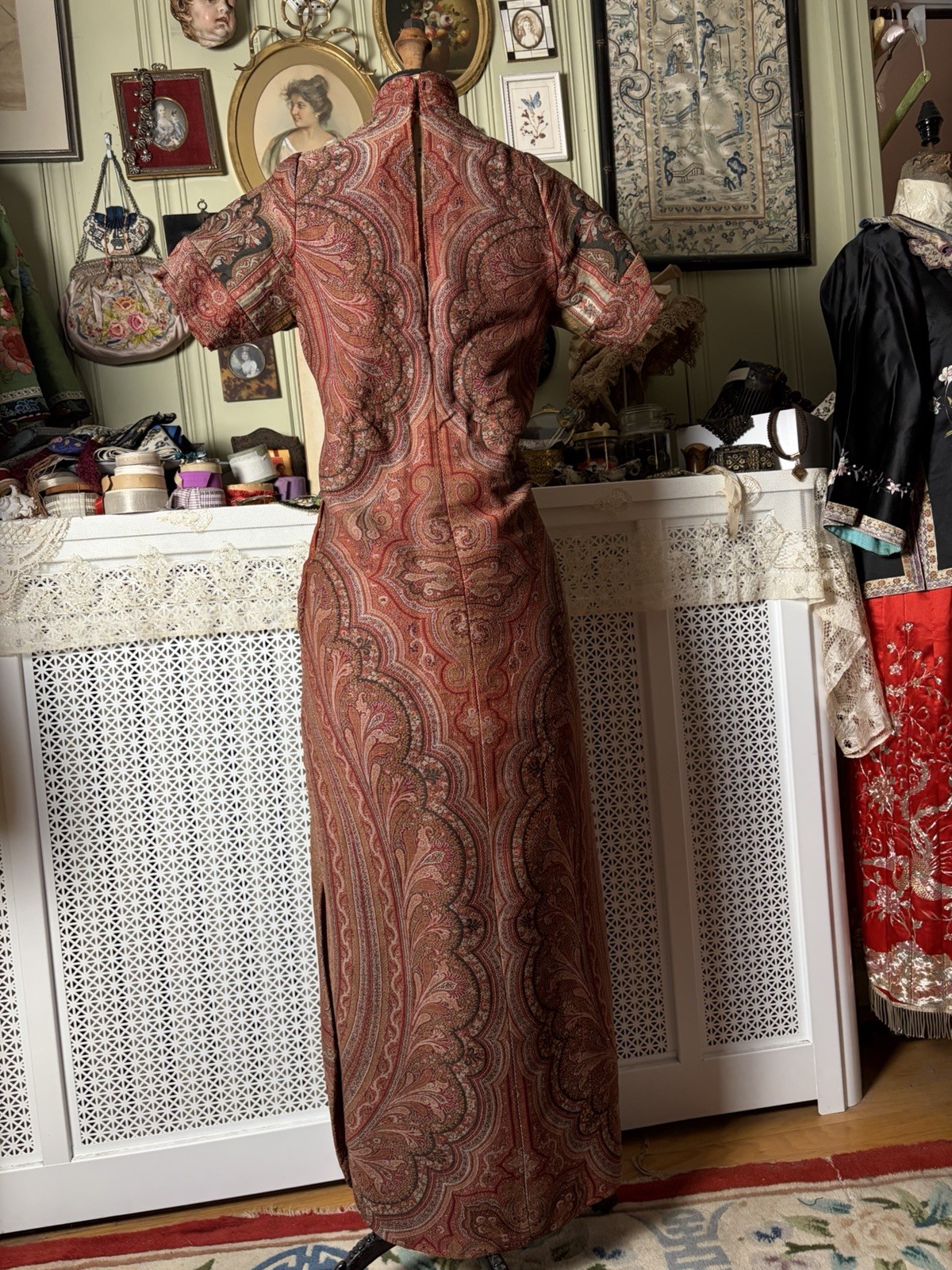 Vintage 1960s Qipao Style Dress, Victorian Paisley Shawl