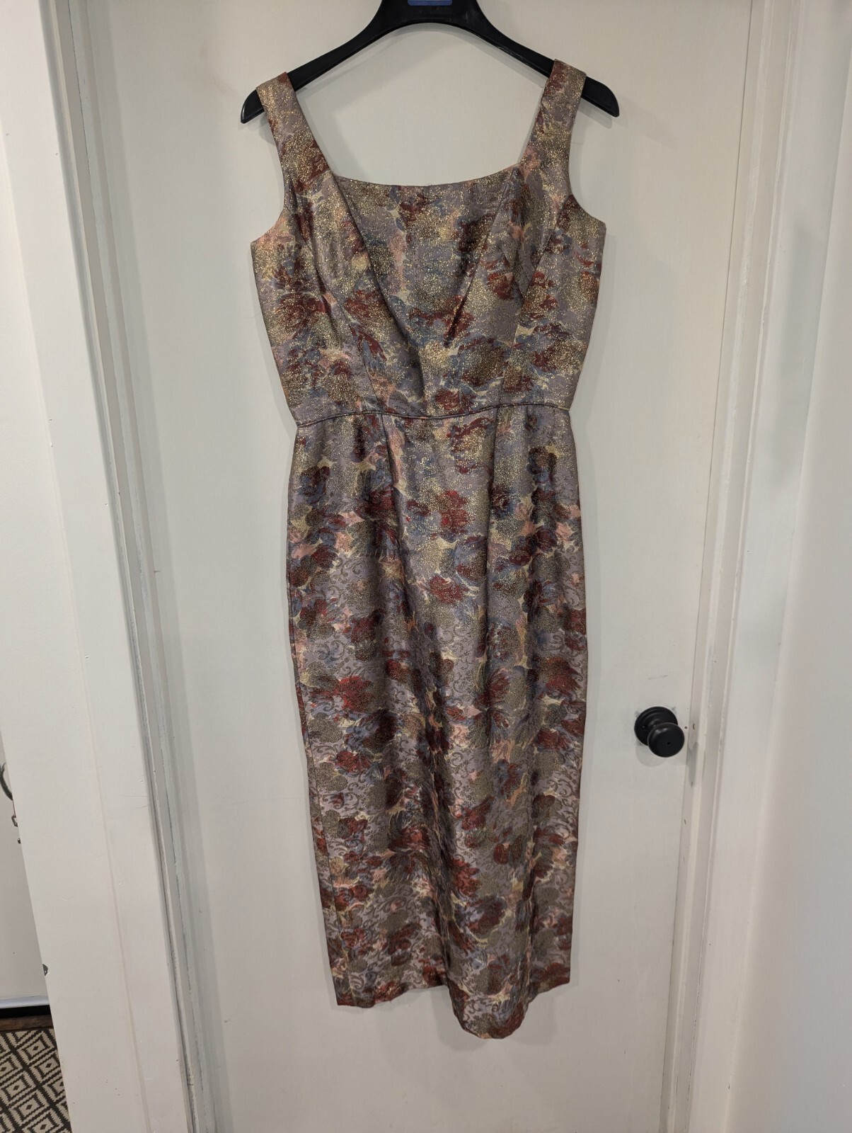 Vtg Lilli Diamond Long Dress Gown Gold Brocade Floral Bombshell VLV TO Sz M/L