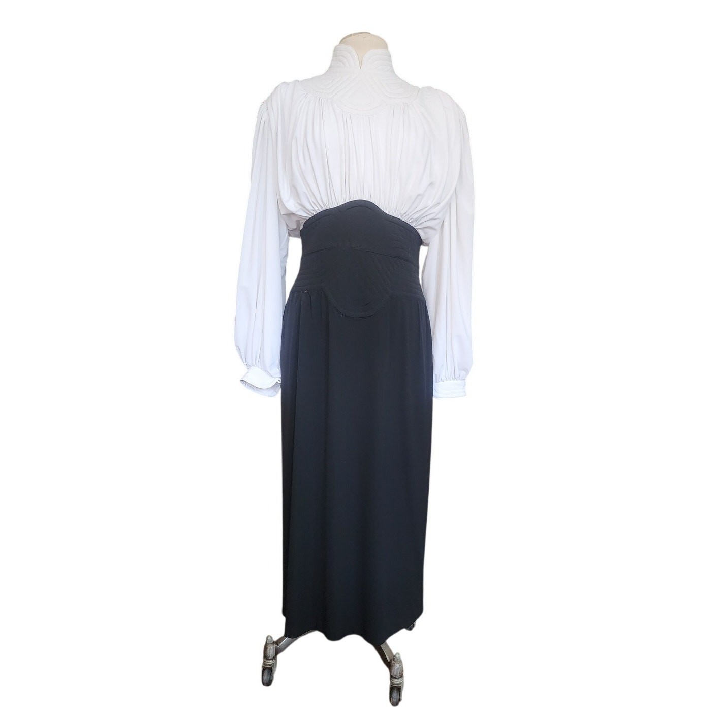 Vintage 80s Neo Edwardian Dress White Ruched Top Black Skirt Long Sleeves / M