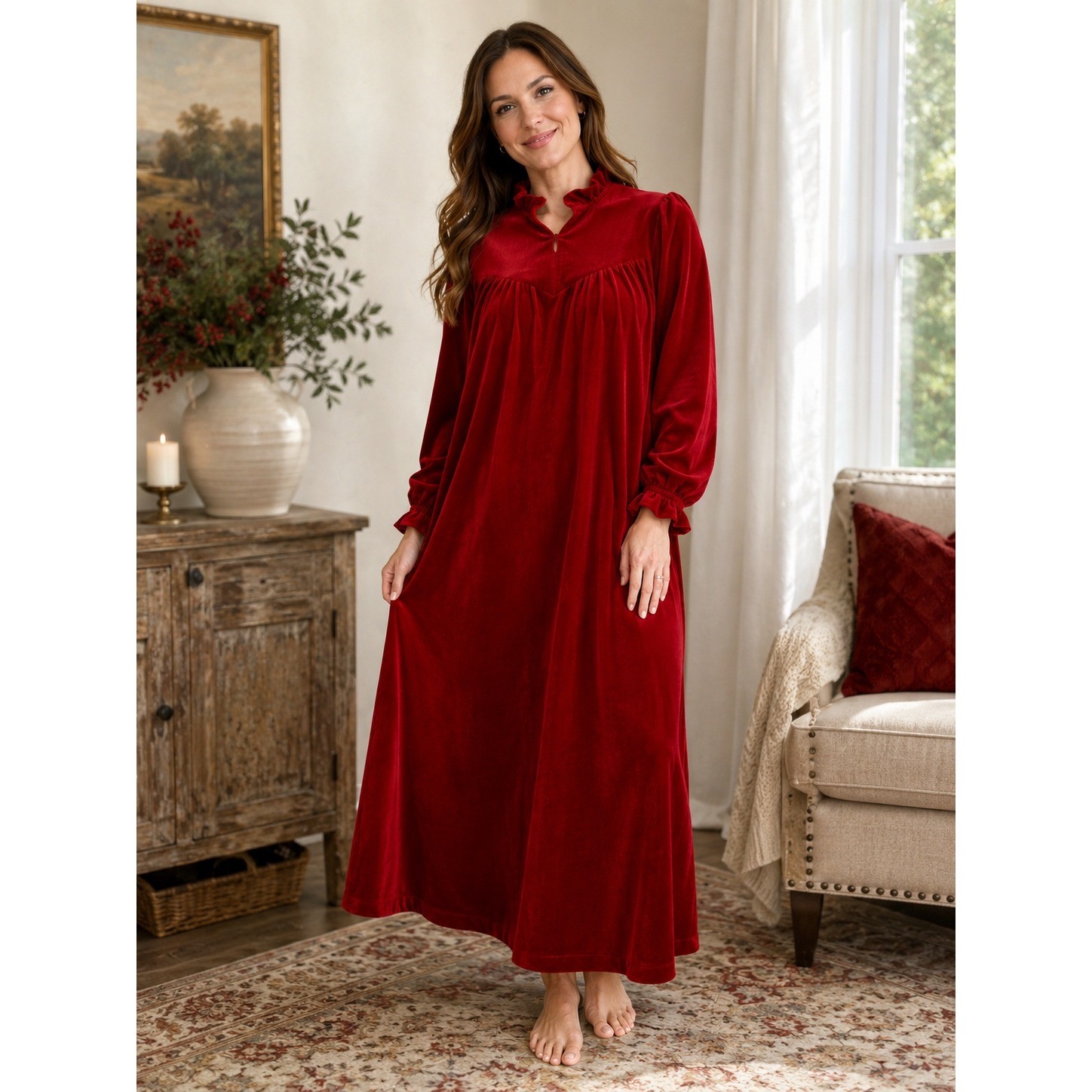 Vintage Red Velour Nightgown Women Medium Quilted Ruffle Zip Long Sleeve Appel