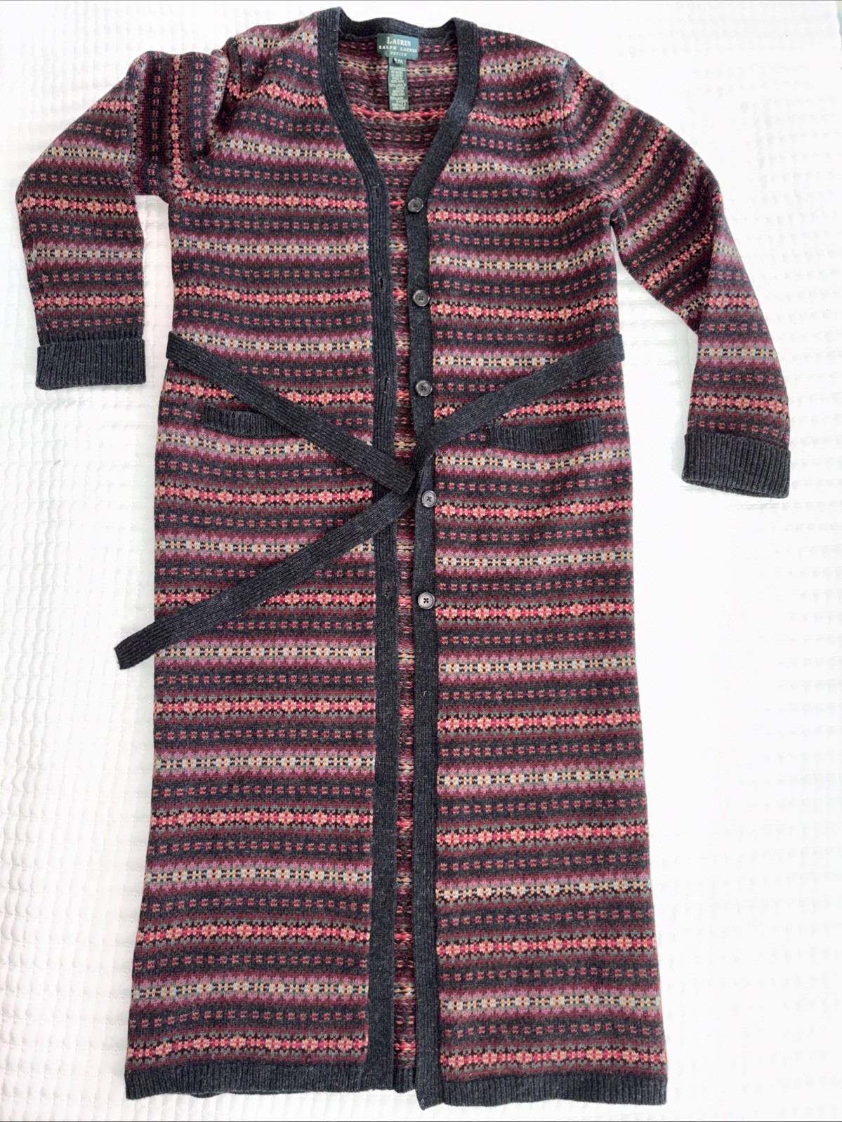 VTG. Ralph Lauren 100% Lambswool Fair Isle Sweater Cardigan Coat Size Petite MED