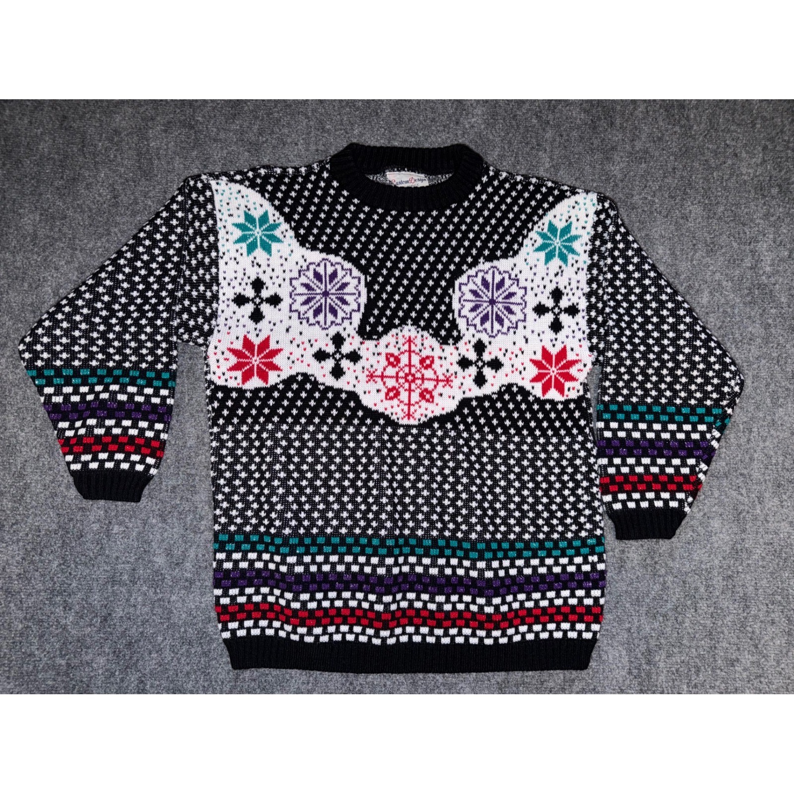 Vintage Custom Design Fair Isle Snowflake Sweater Black Red Teal Acrylic USA L