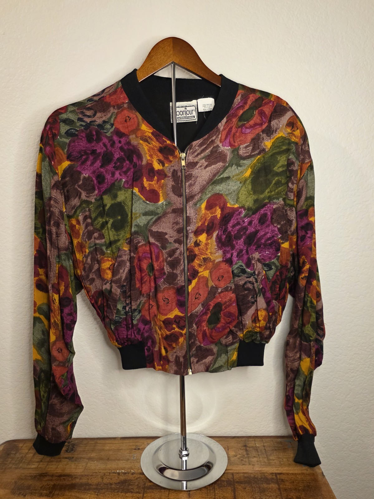 VTG Bonjour International Crop Long Sleeve Jacket Floral Print Large Excellent