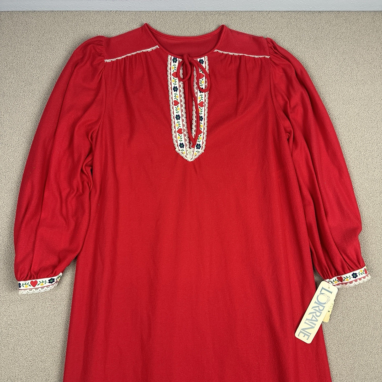 New Vtg Lorraine Long Nightgown Acetate Thin Fleece Red Floral Lace Trim Sz S
