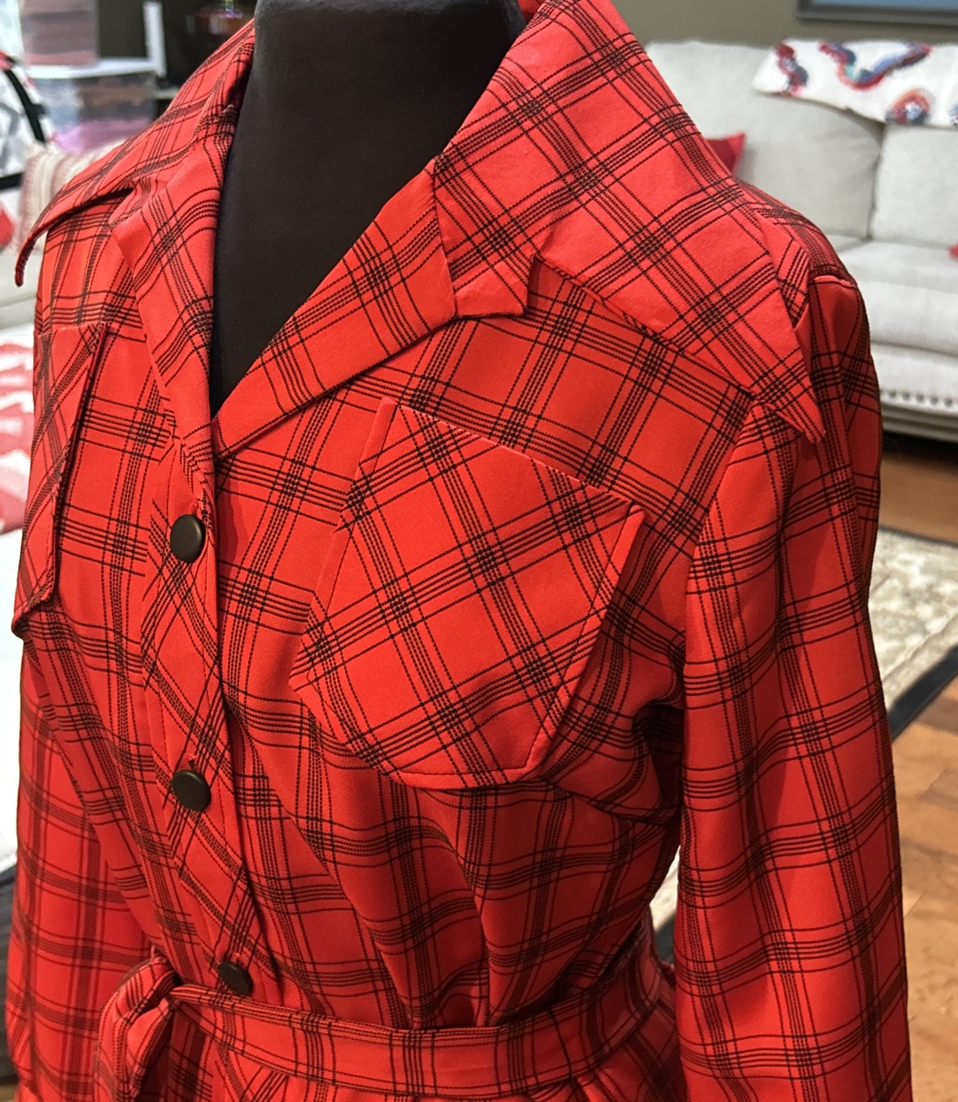 Vintage Red Black Plaid stripes Shirt Dress Polyester Knit Medium Large EUC