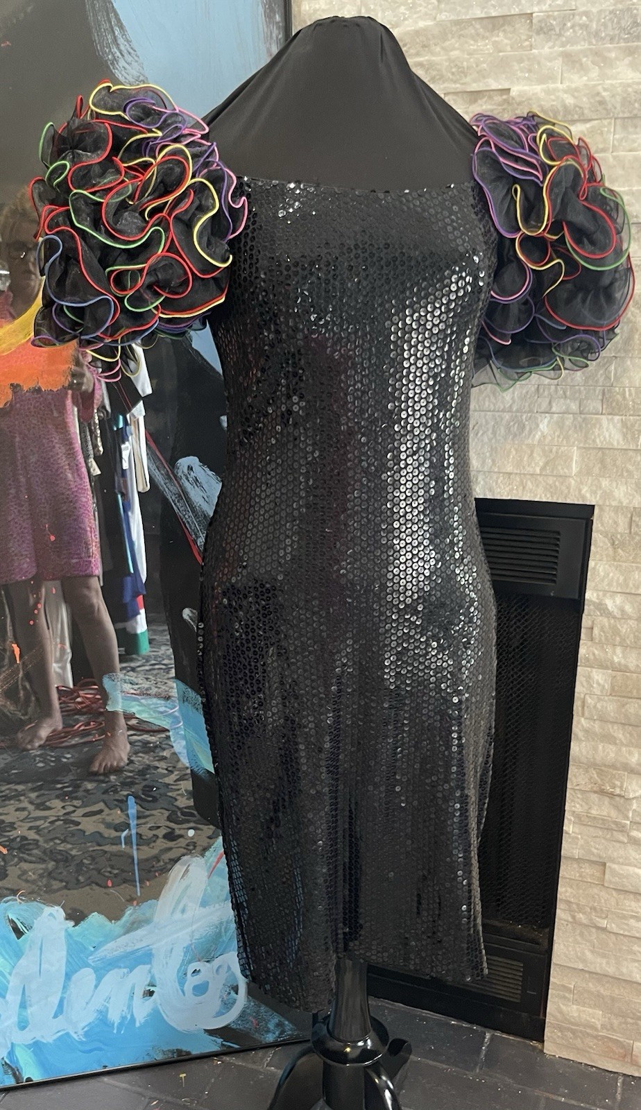 VTG 1980s Black Sequin Colorful Puff Sleeve By Cattiva Size 10 Dynasty
