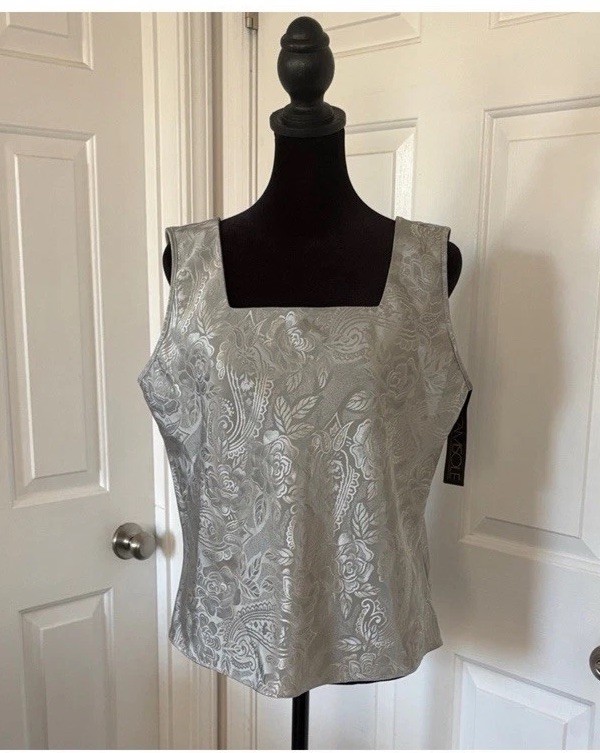 Escapades 90s NWT Silver Rose Print Evening Tank Top Blouse