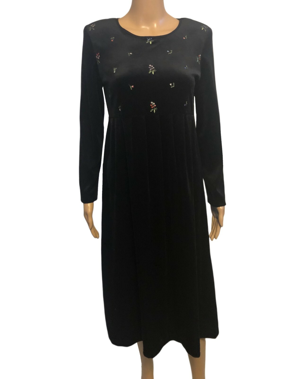 vtg 90s Black Velvet Midi Dress 4P Floral Embroidered Goth Decade Designs