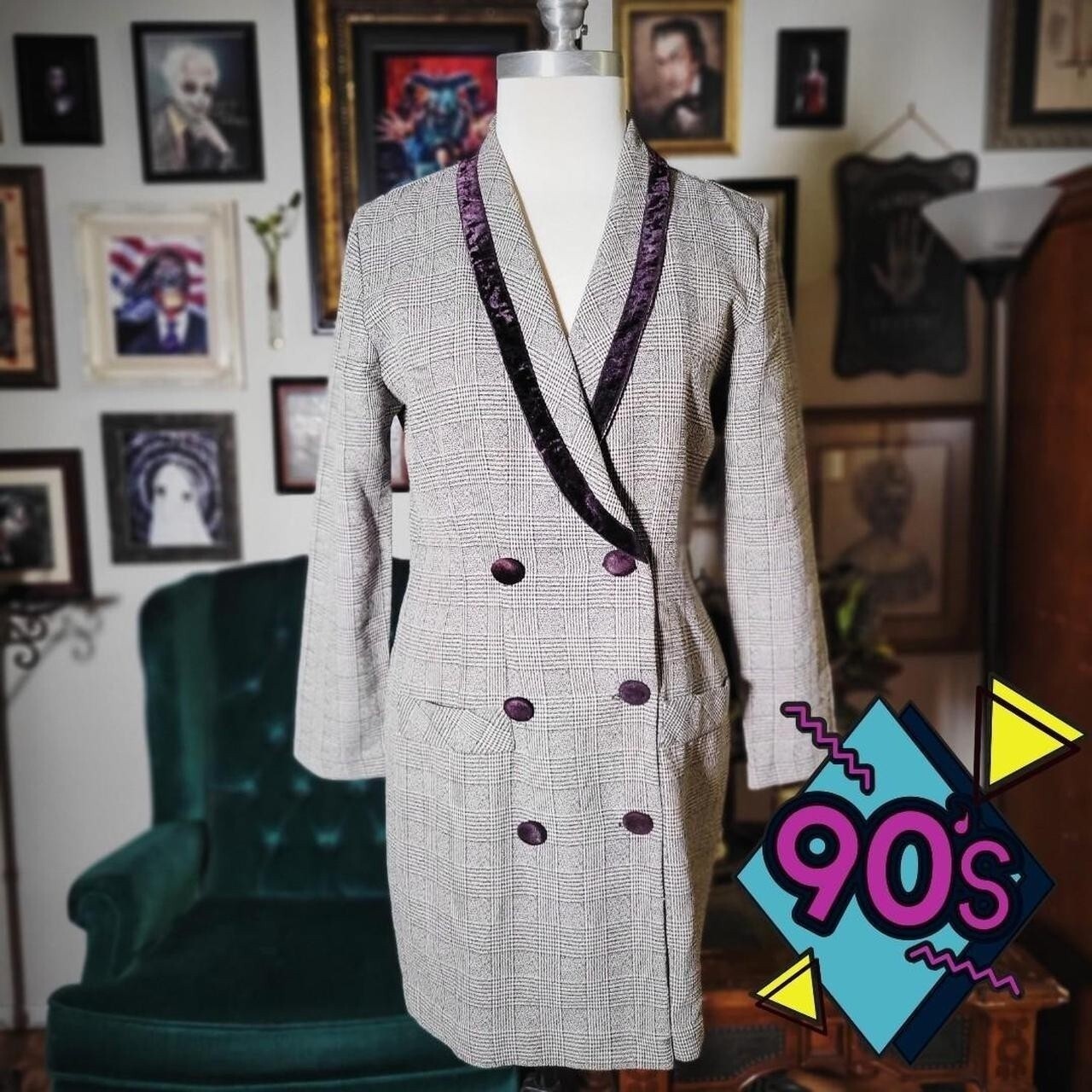 Vintage 90s DBY Ltd Gray Plaid Blazer Dress Burgundy Velvet Trim 90s Power Suit