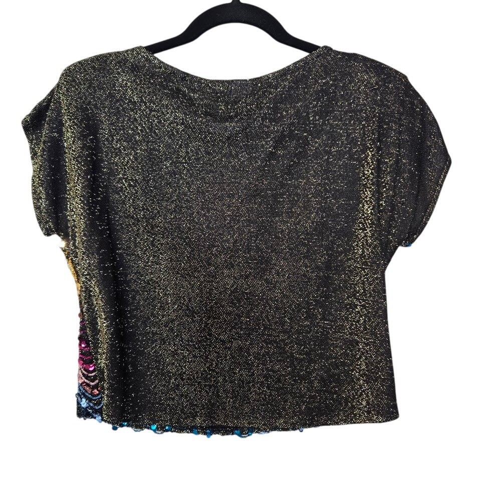 Vintage Sequin Glittery Crop Top Womens Black Multi Zig Zag Metallic Disco Glam