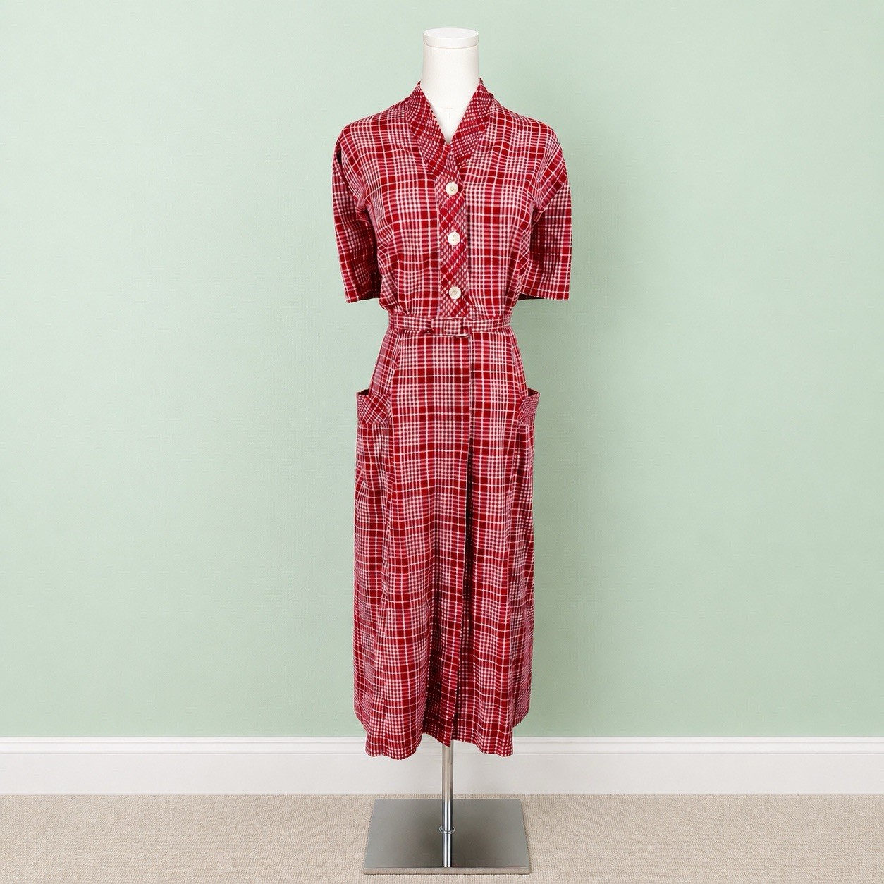 Vintage 40’s 50’s Red Plaid Day Dress And Belt Size XL XXL Shirtdress Cotton