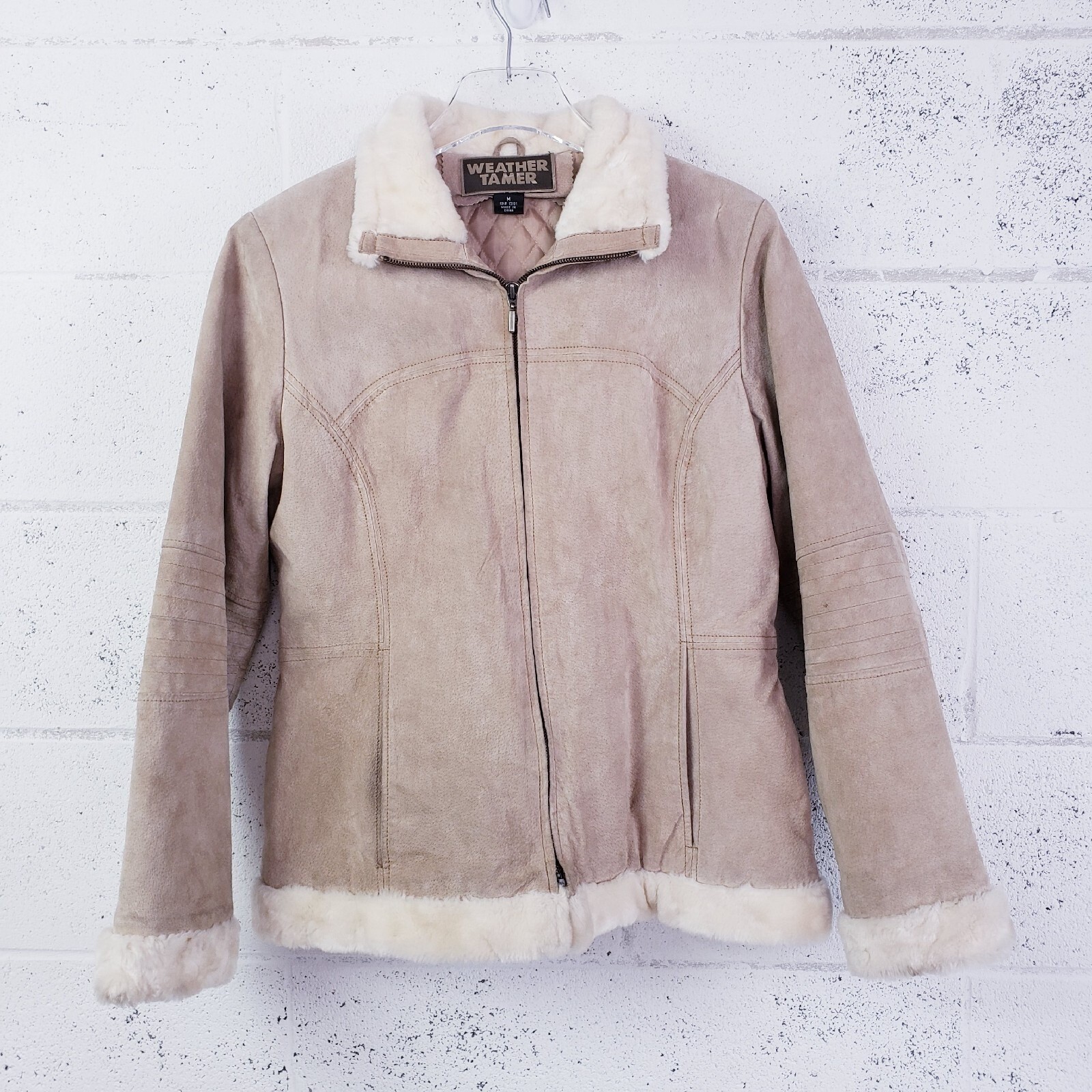 VTG Weather Tamer Suede Leather Coat Faux Fur Trim Size Medium Tan Beige