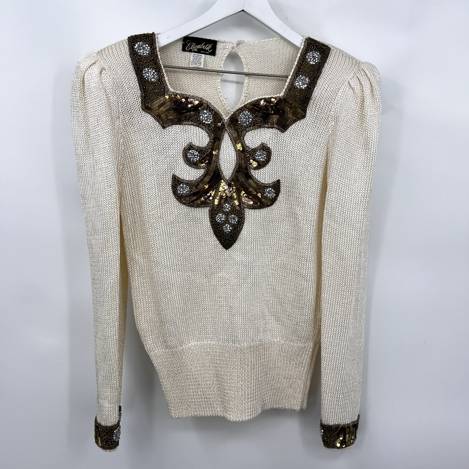 Vintage Elizabeth New York Knit Sweater Sequin Beaded Embellished Keyhole Back S