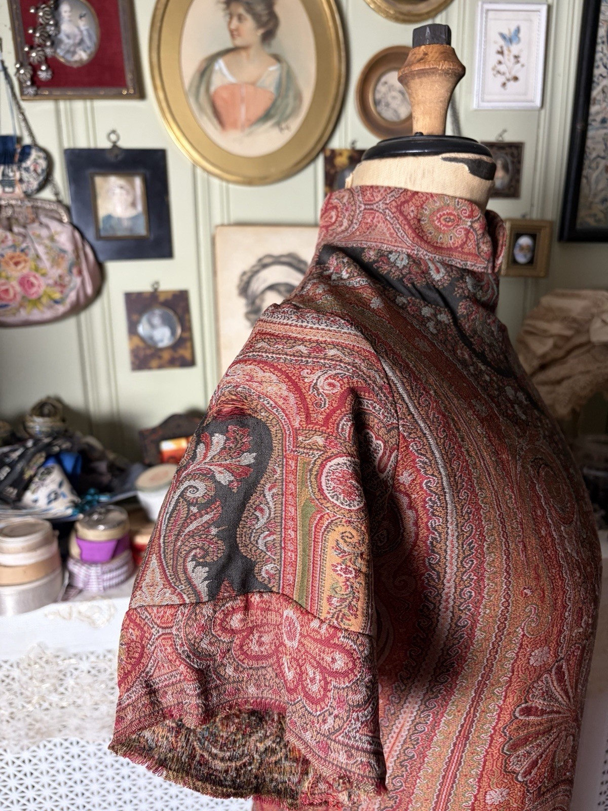 Vintage 1960s Qipao Style Dress, Victorian Paisley Shawl