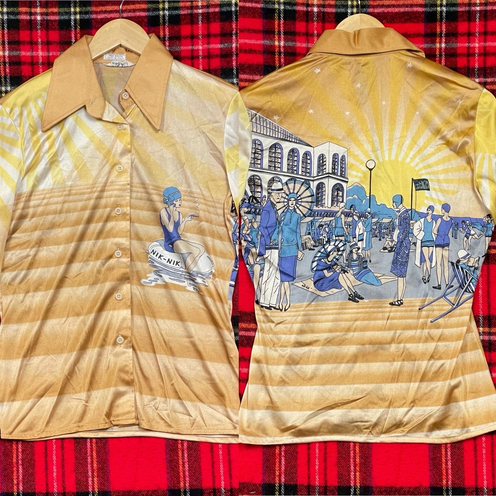Vintage 70s NIK NIK Disco Shirt Size 7/8 Art Print Made In Italy Beach Sun Lady