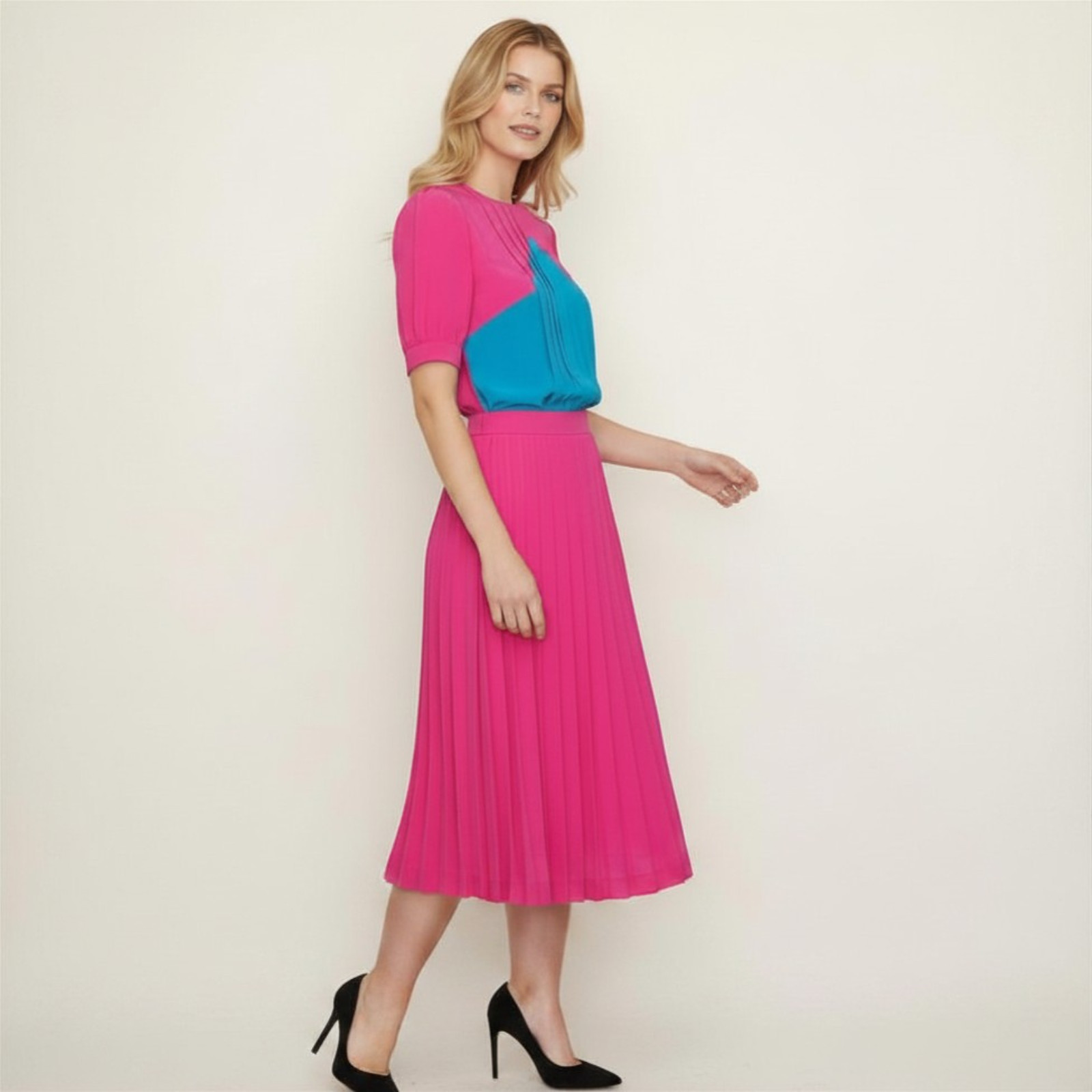 Vintage 80s Silk Studios Pink Blue Colorblock Skirt Set S M Silk 2pc Dress