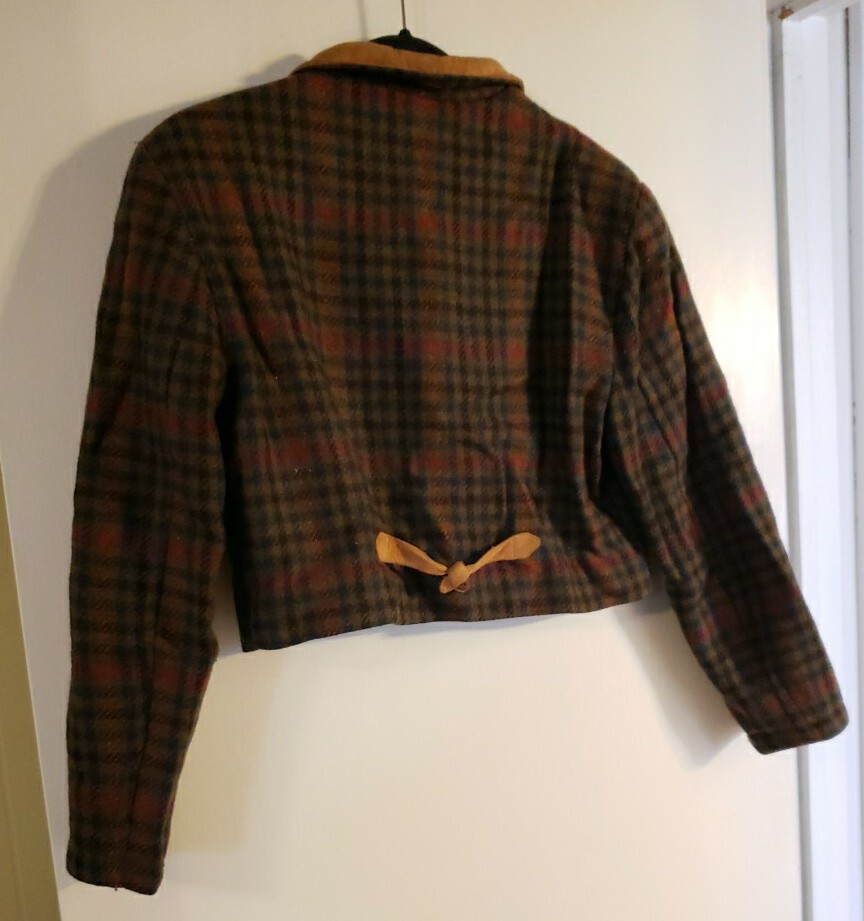 Vintage Outback Red Vintage Wool Bolero Jacket Plaid Leather Collar Ladies Size8