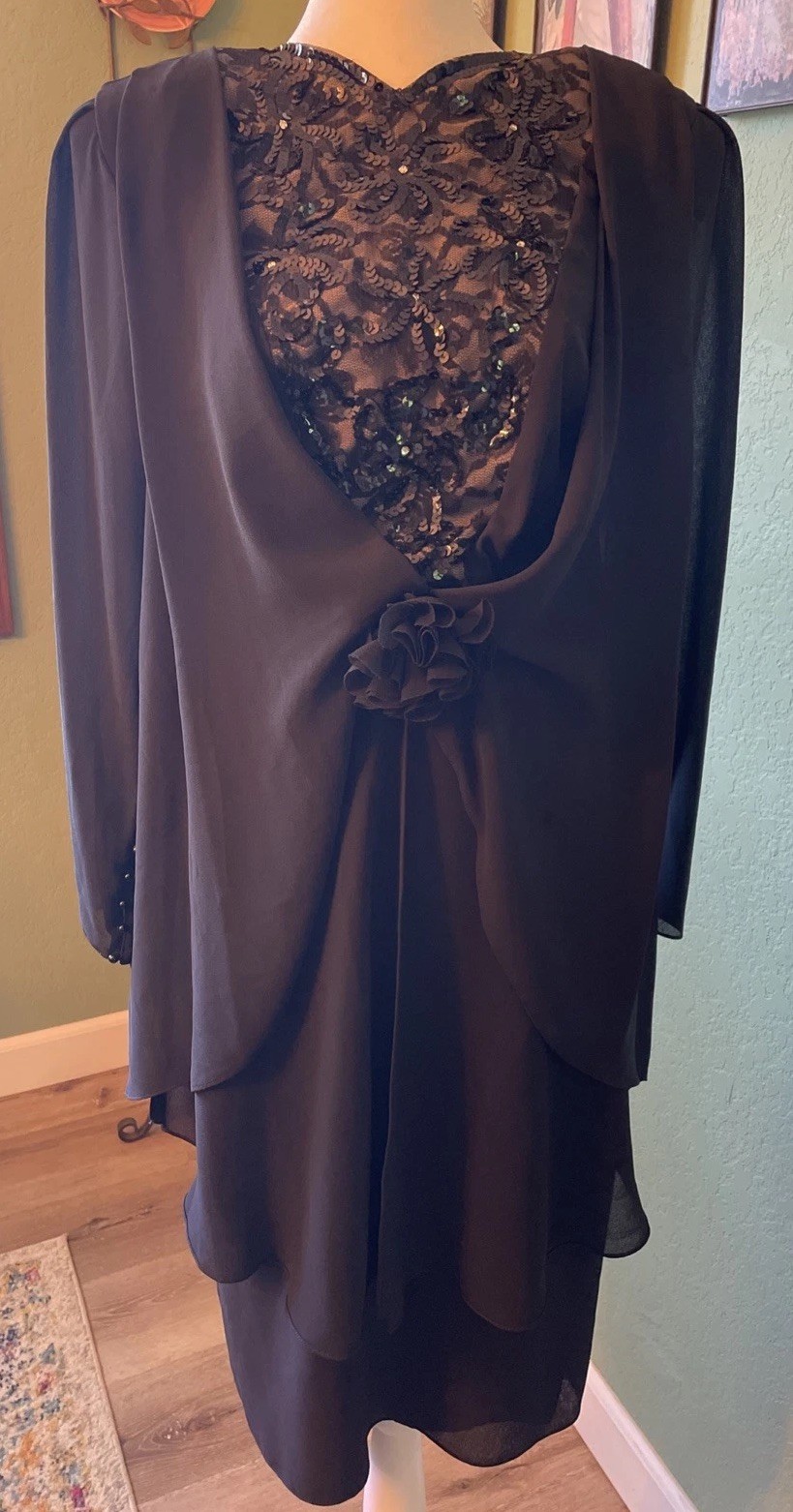 Vtg Ursula of Switzerland Sequined Black Chiffon Evening Dress Sz 8 Lined NWT