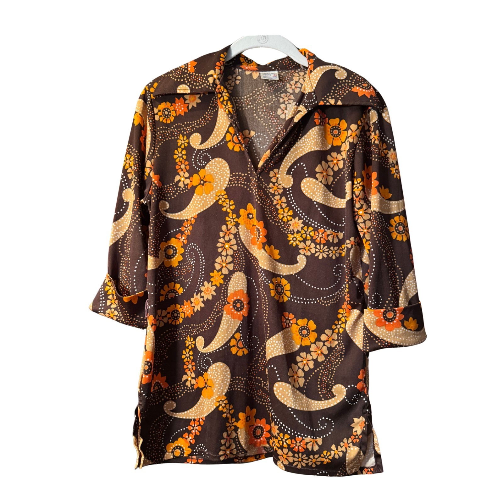 True Vintage 70s Polyester Top Womens L Brown Orange Mod Paisley Knit Hong Kong