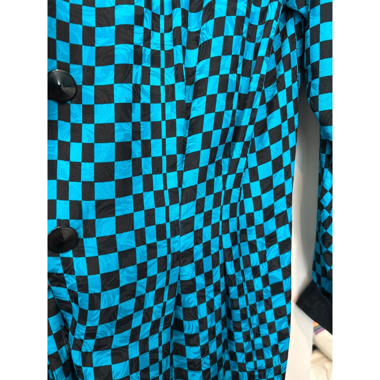 Adrianna Papell 80s 90s Silk Checkerboard Dress Teal Black Bow Vintage Size 14