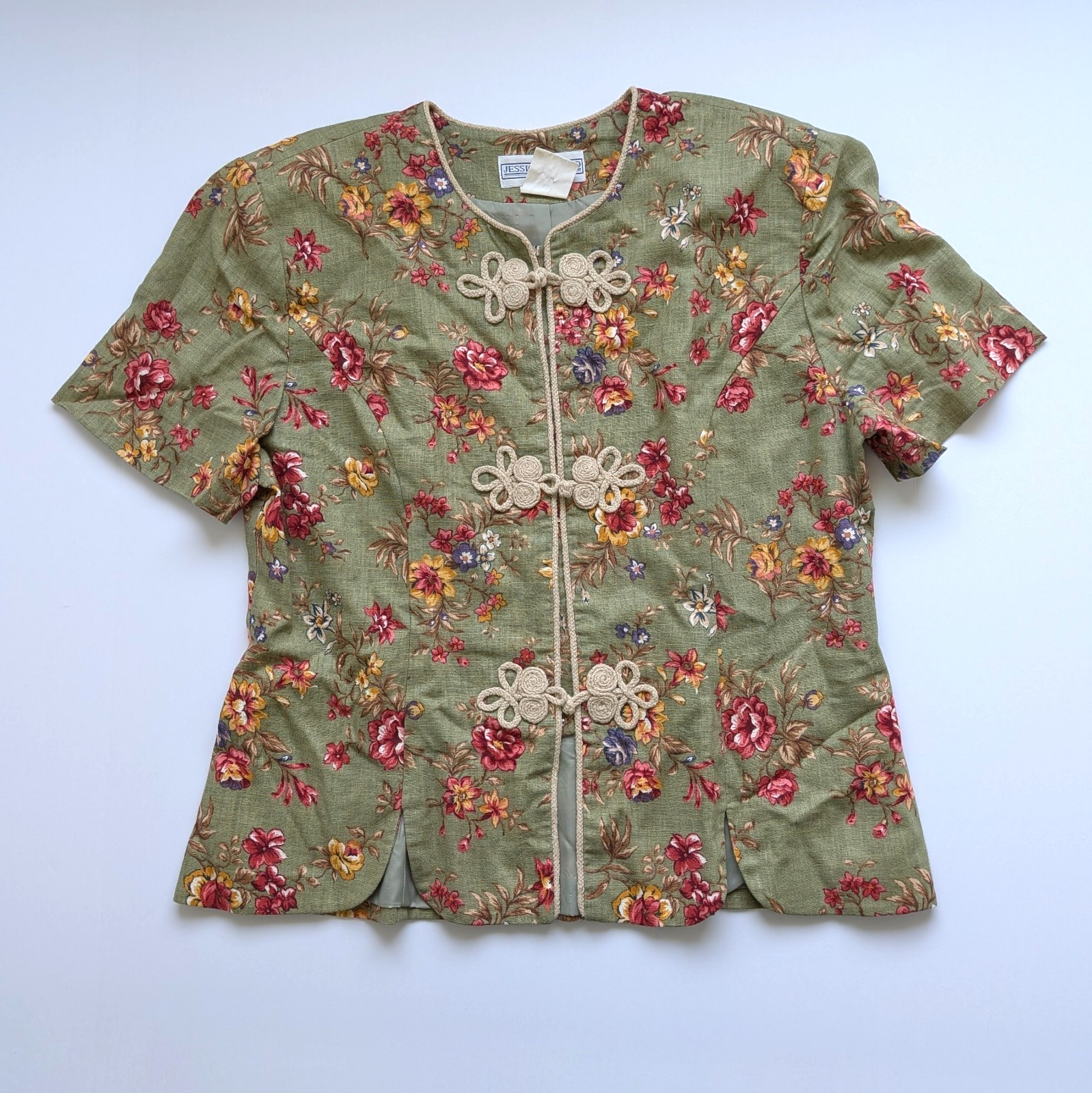 Vintage 90s Jessica Howard Linen Blend Top 14 Chest 41″ Floral Cottagecore Green