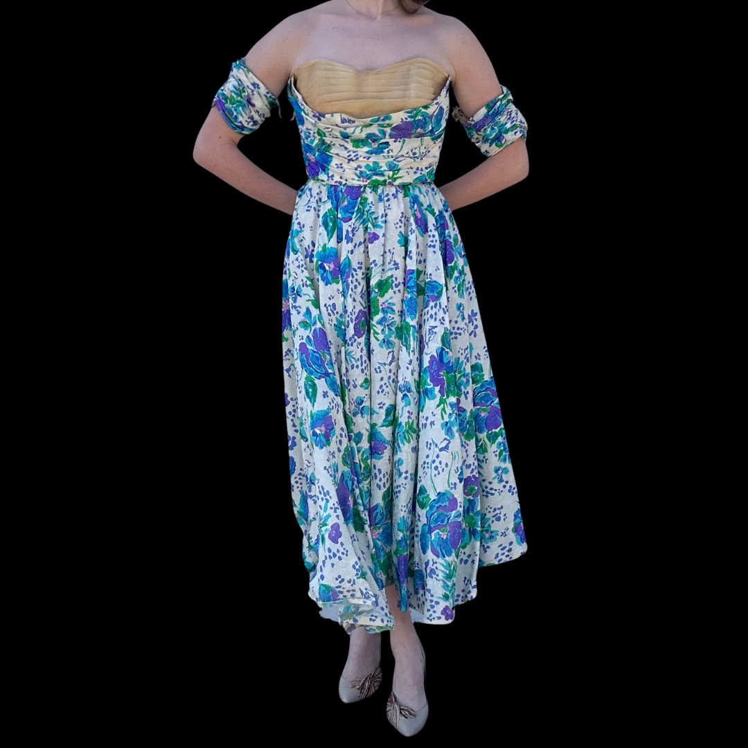 Vintage Fred Perlberg Dance Originals 50s Silk Floral Strapless Sweetheart Dress