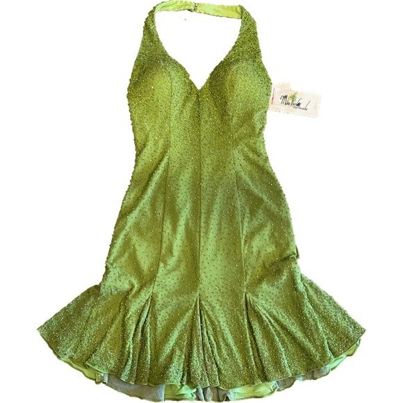 Vintage MIKE BENET Formals Beaded Dress Dark Lime Green Size 6 – NWT Retro Party