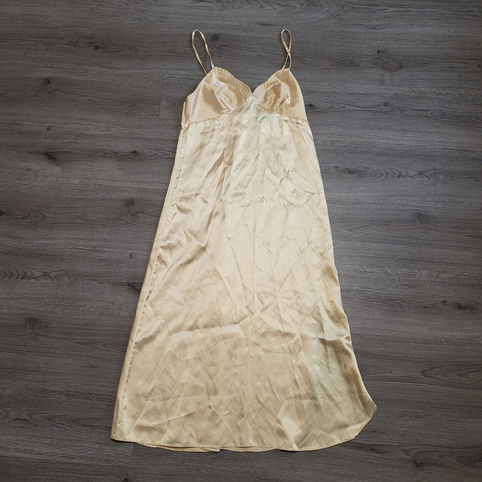 Vintage Yellow Gold Satin Maxi V-Neck Slip Dress Womens Medium Summer Boho