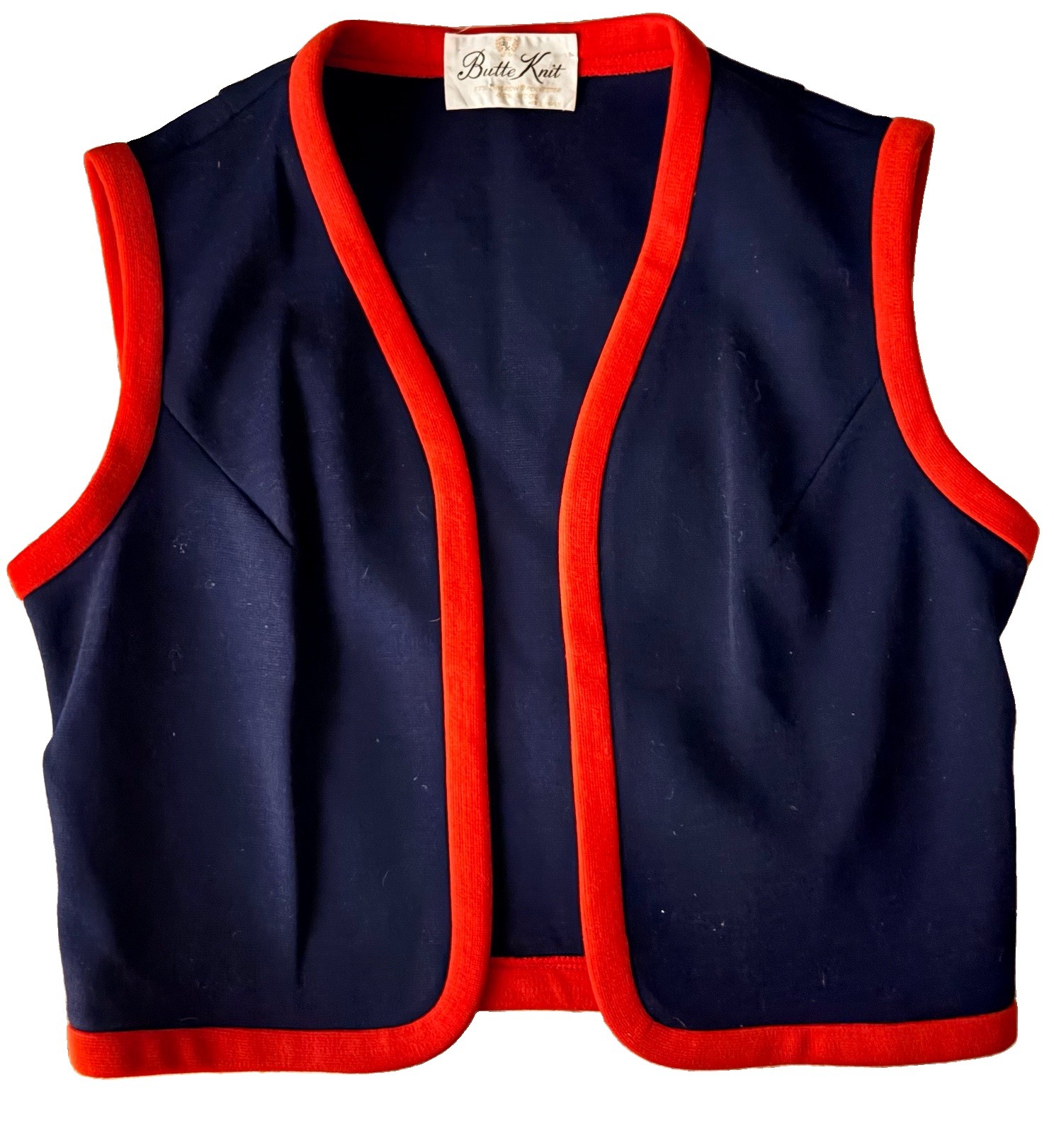 Vintage 60s Butte Knit Mod Navy & Red Wool Blend Open Vest Small/Medium