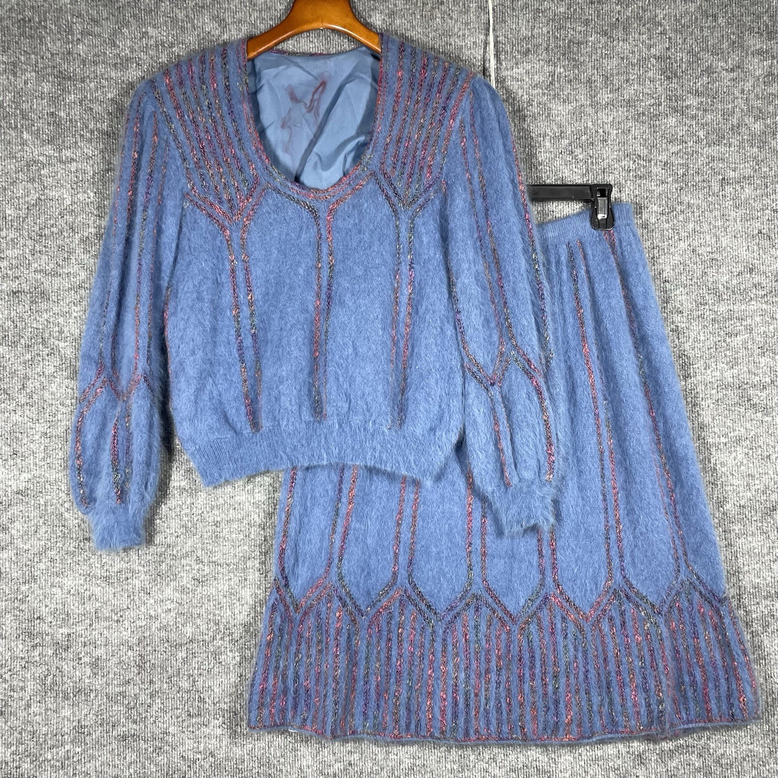VINTAGE 80s Jessica Knits 100% Angora Sweater Skirt Set Suit Womens S Blue Fuzzy