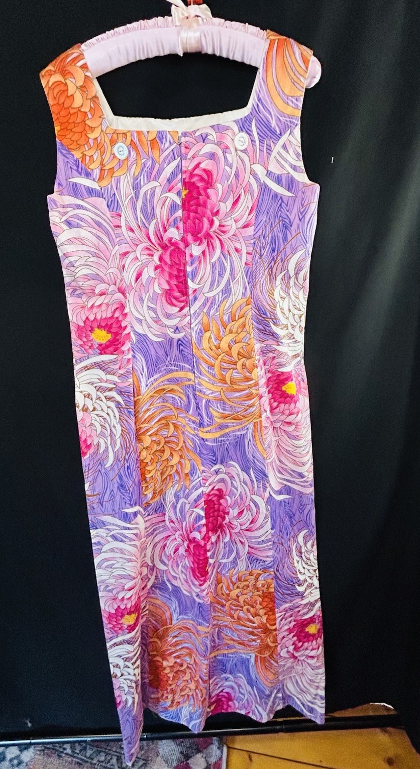 Vtg ALICE Polynesian MCM Long Dress & Train Chrysanthemum Print Med 10/12 Tiki