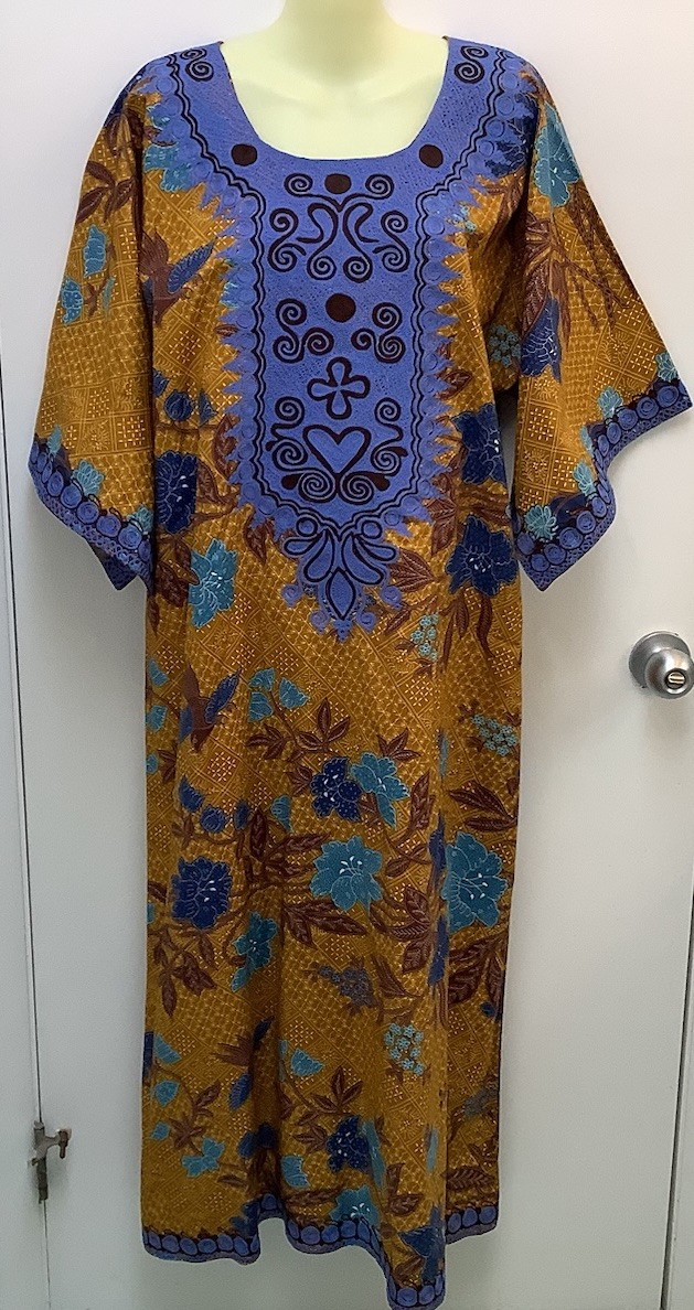 Vintage Brown Blue Embroidered Floral Cotton Caftan Dress Loungewear Boho Batik