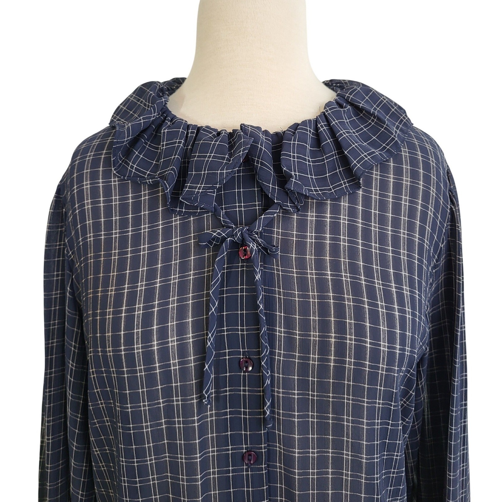 VTG Check Ruffle Tie Neck Secretary Blouse Large Button Front Office Siren NEW