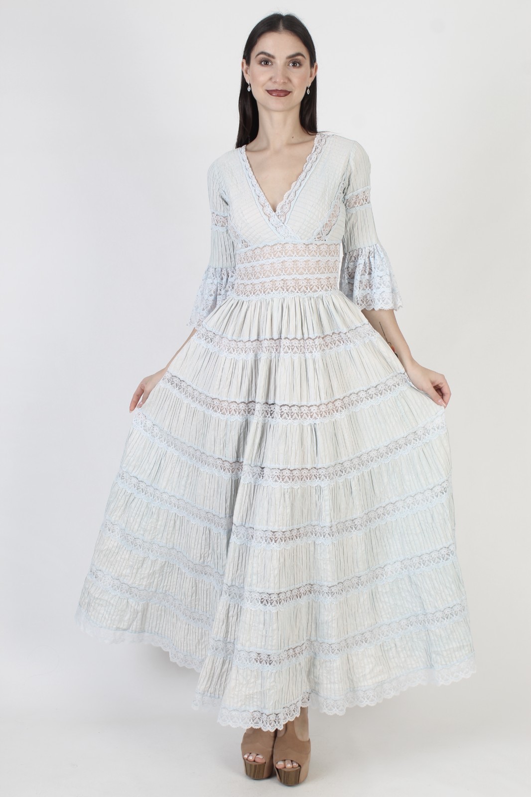 Mexican Pintuck Wedding Dress Vtg Blue Folklorico Puebla Bell Angel Sleeve Gown
