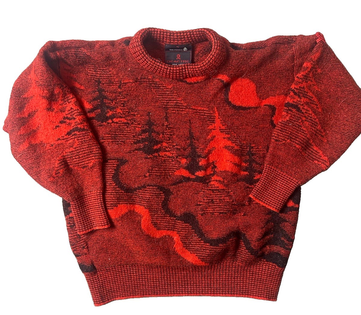VTG 80s Demetre Pure Virgin Wool Scenic Sweater USA Red Black Mock Neck XXS XS