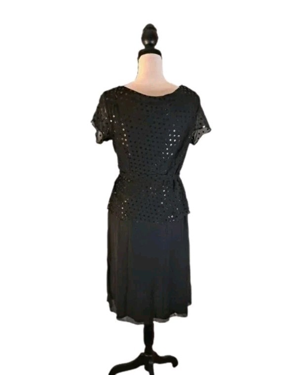 Vintage 70s 80s Another Thyme Black Sequin Cocktail Wedding Party Dress Sz 6