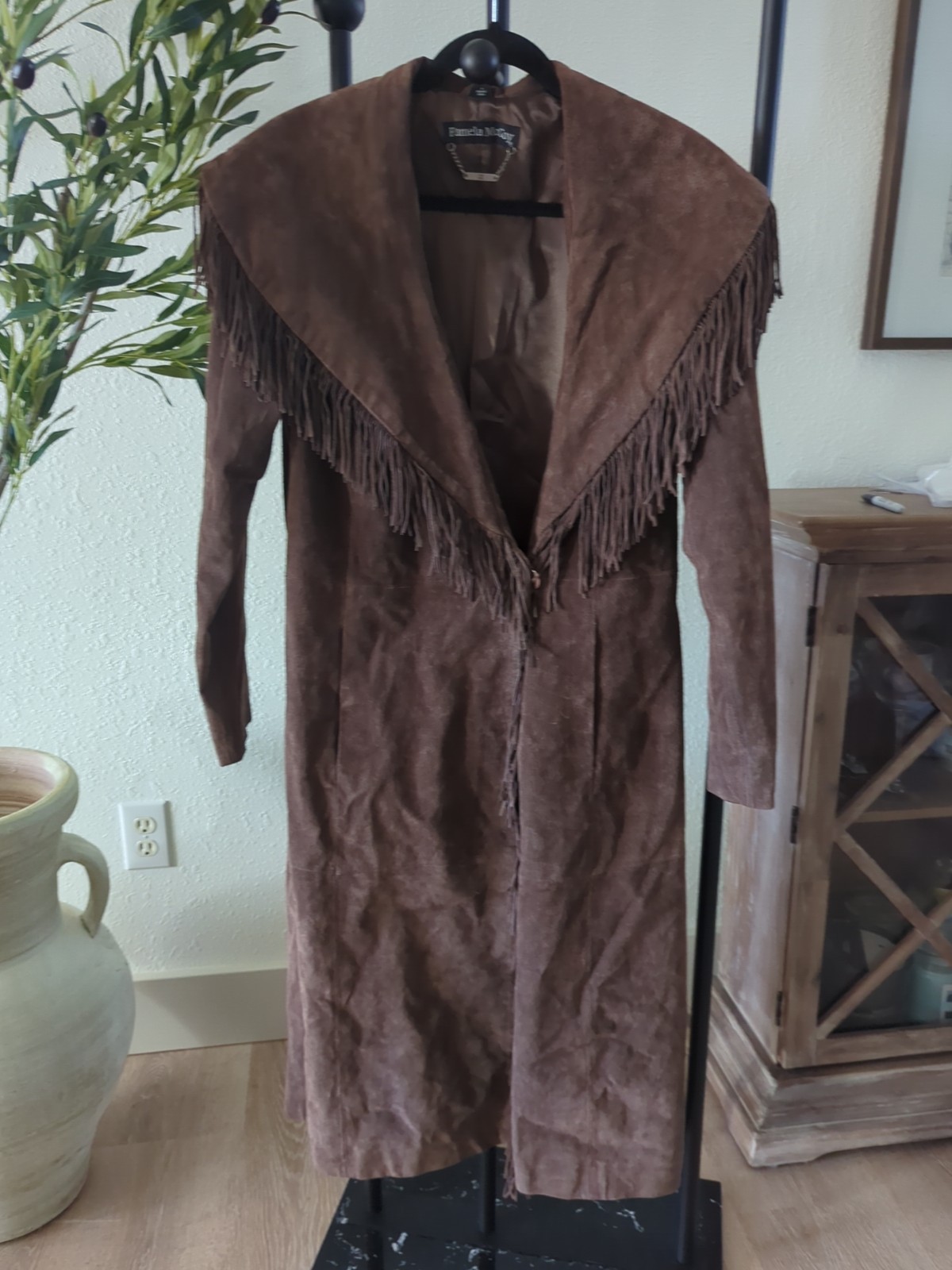 PAMELA McCOY Brown Suede Fringed Long Western Rodeo Lined Coat Sz S Pioneer