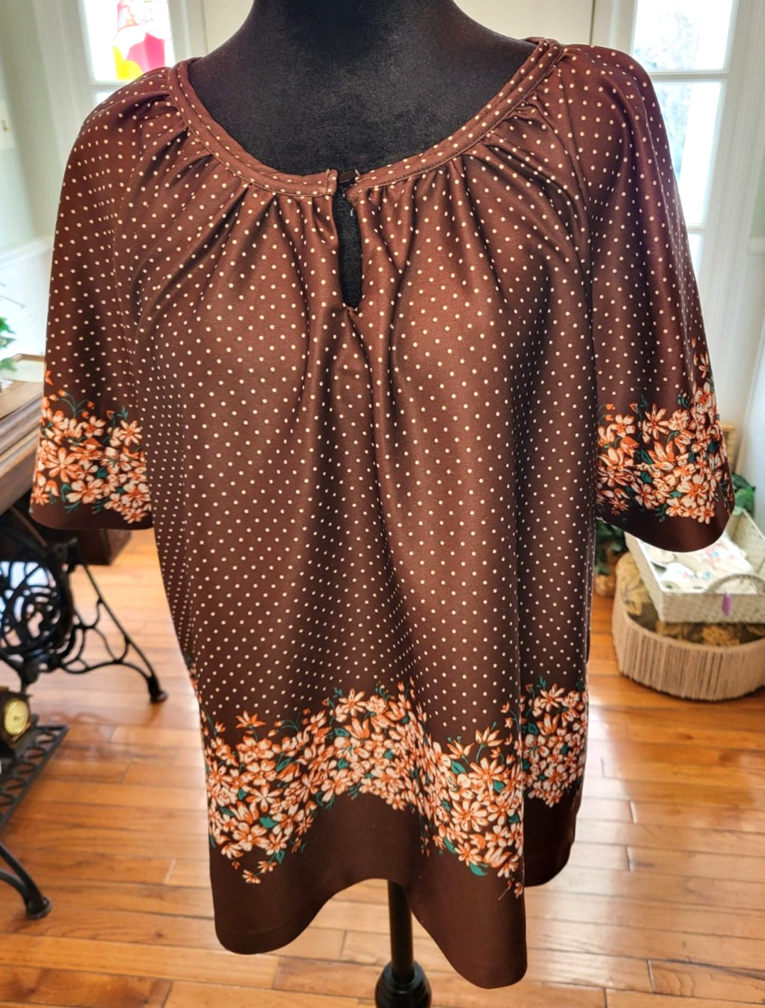 Vintage 70s Handmade Brown Polka Dot Floral Peasant Top 2X Boho Festival Hippie