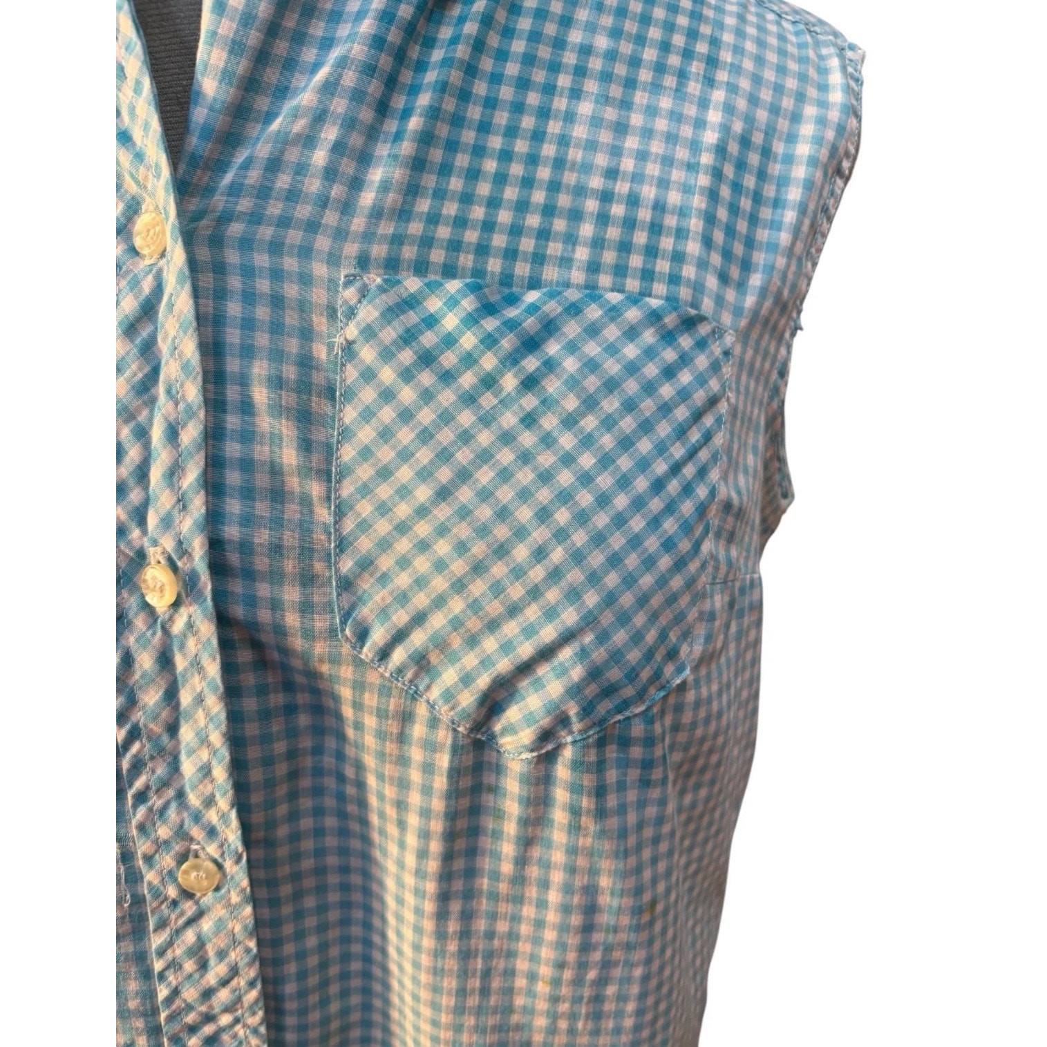 Vintage 1970s Blue Gingham Sleeveless Button Up Blouse Preppy Mod Summer Top S