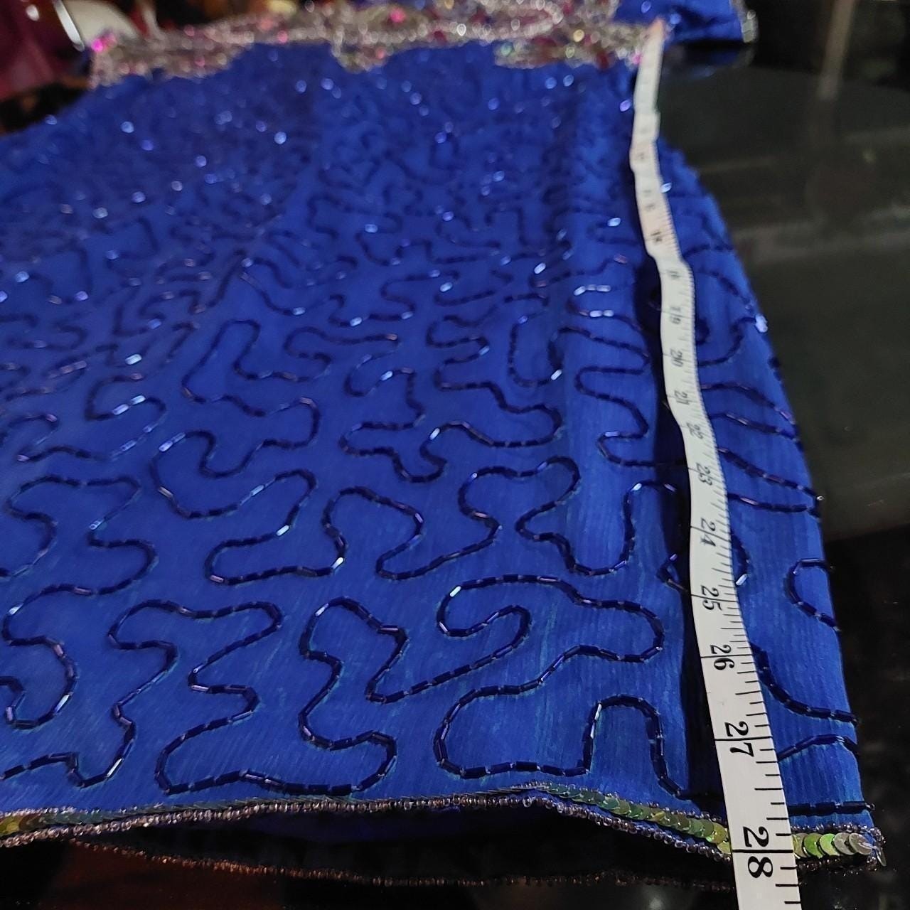 Vintage 100% pure silk blue fully beaded dress.