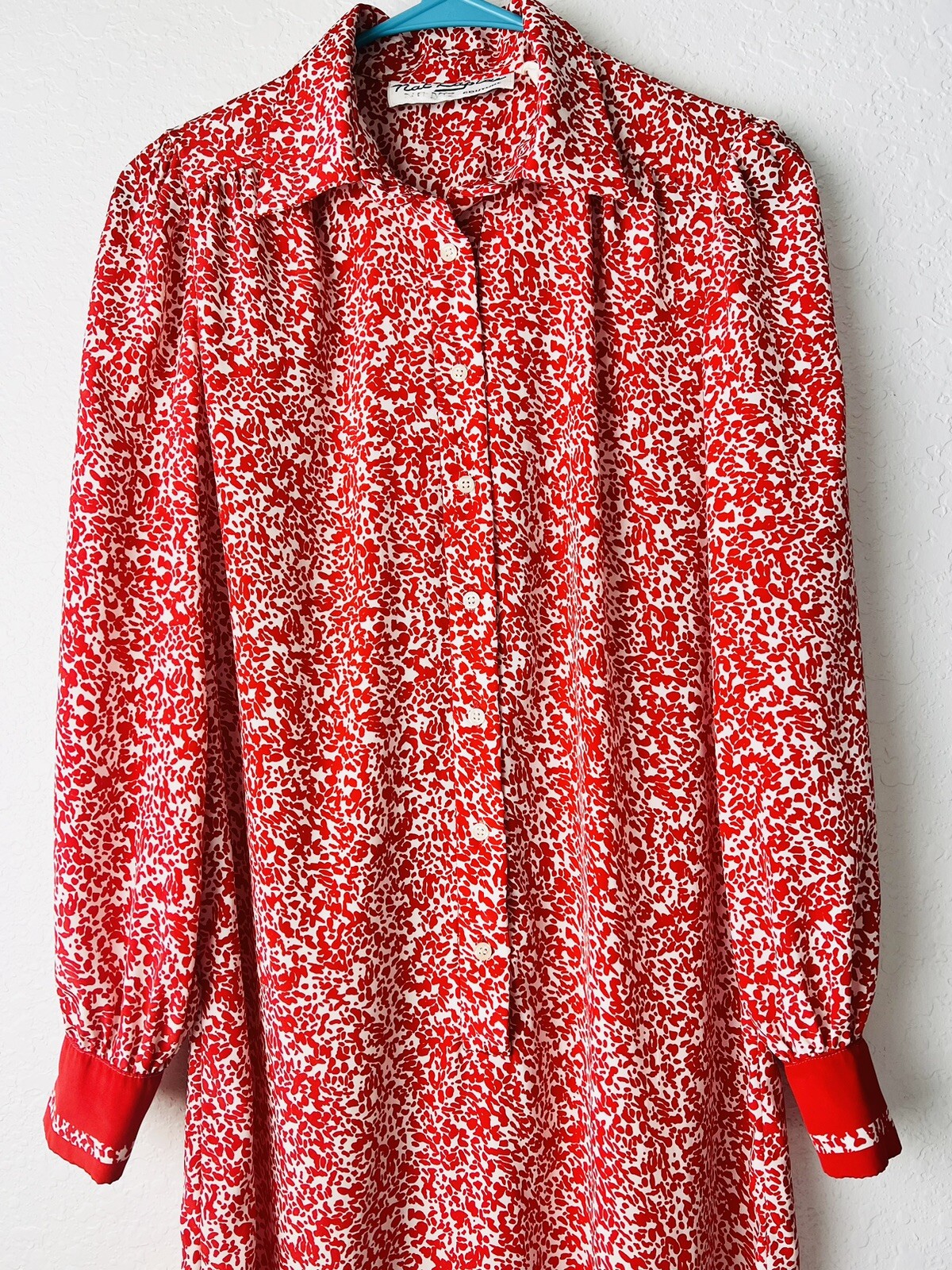 Vintage Nat Kaplan Button Up Shirt Dress Large Red White 1960s Long Sleeve Women
