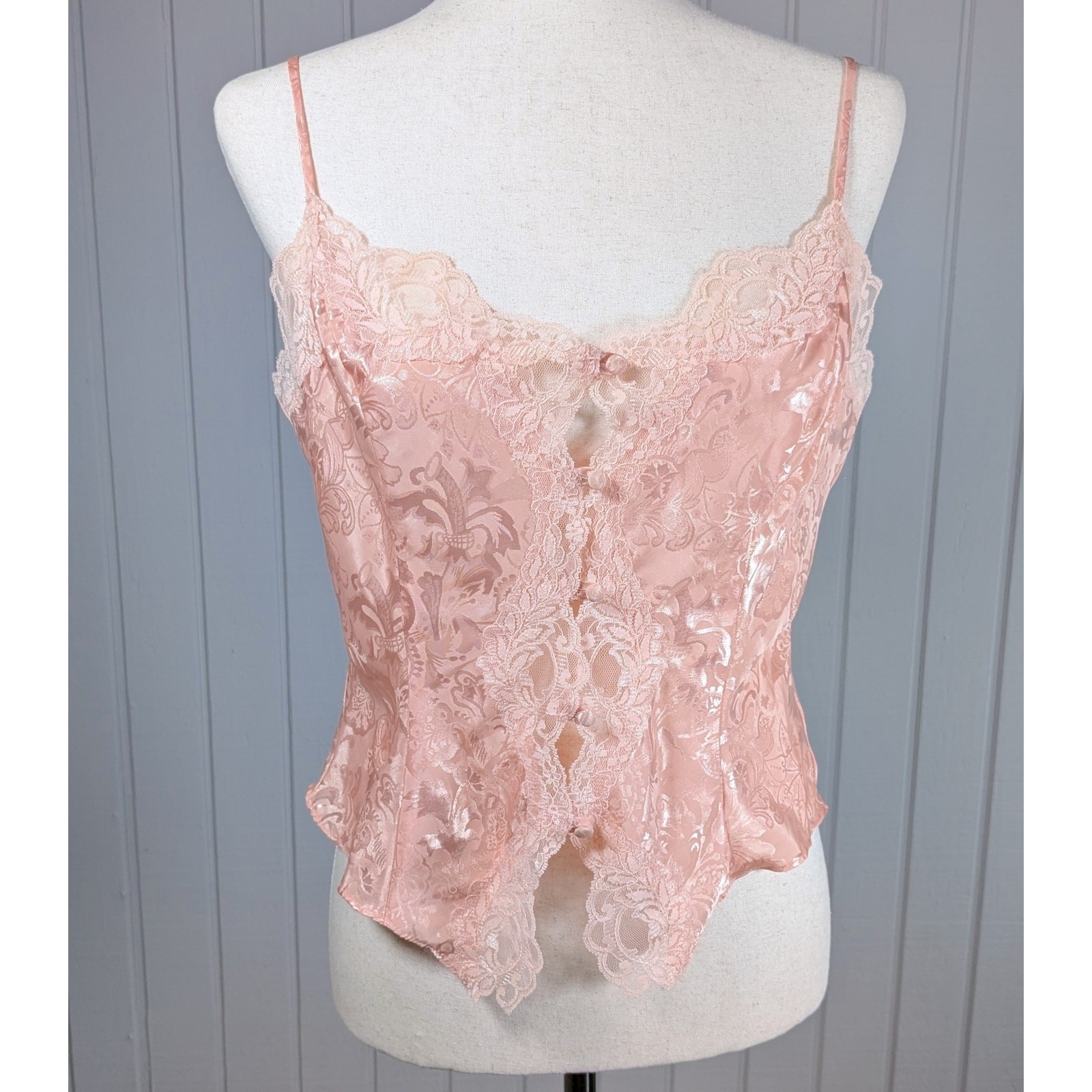 Vintage Victoria’s Secret Gold Label Pink Satin Damask Button Cami Lace Top Med